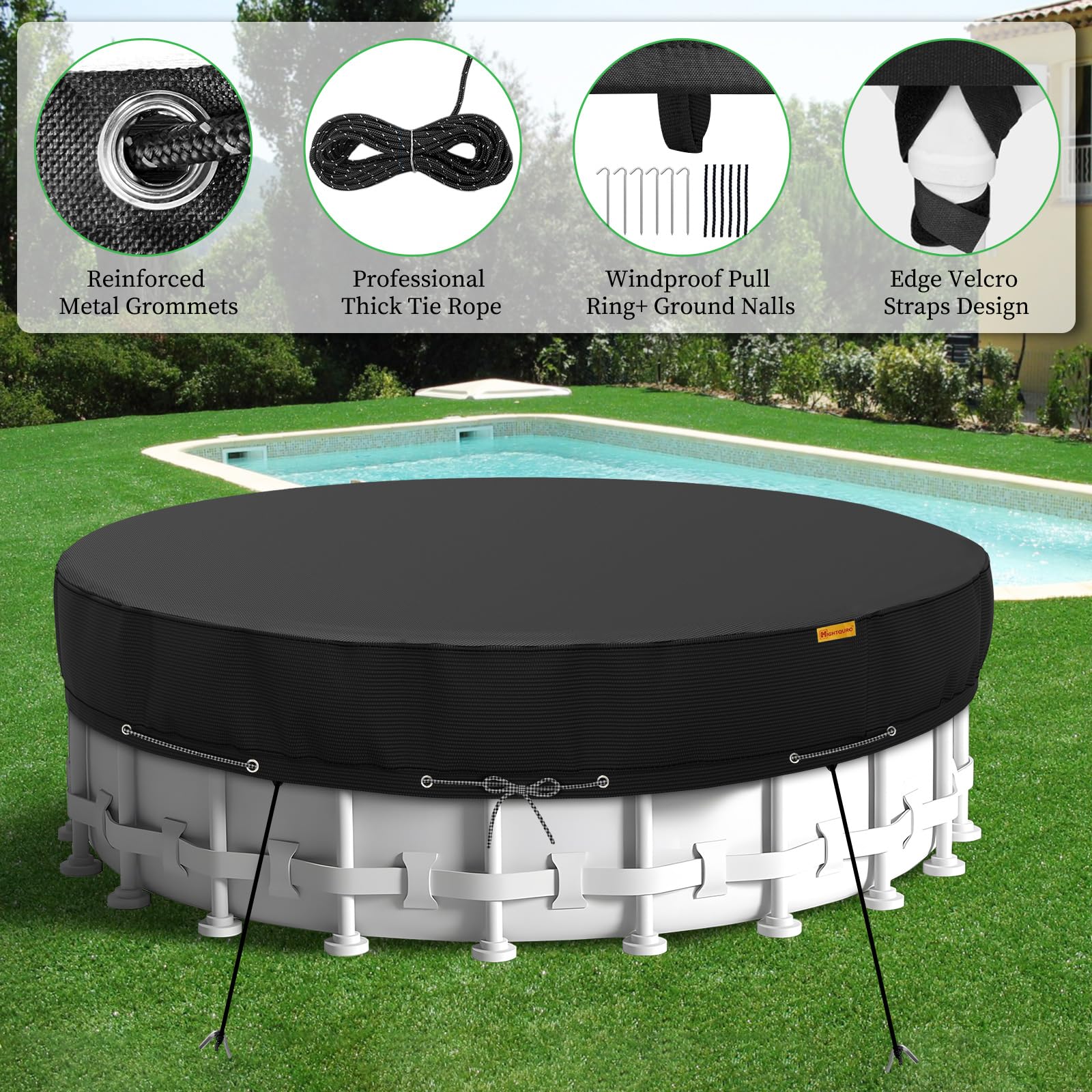 HIGHTQURO 15Ft Round Pool Cover,Heavy Duty Waterproof Round Pool Covers for Above Ground Pools with Ground Nails and Windproof Ropes,Increase Stability&Tear-Resistant, Waterproof and Dustproof, Black - Image 8