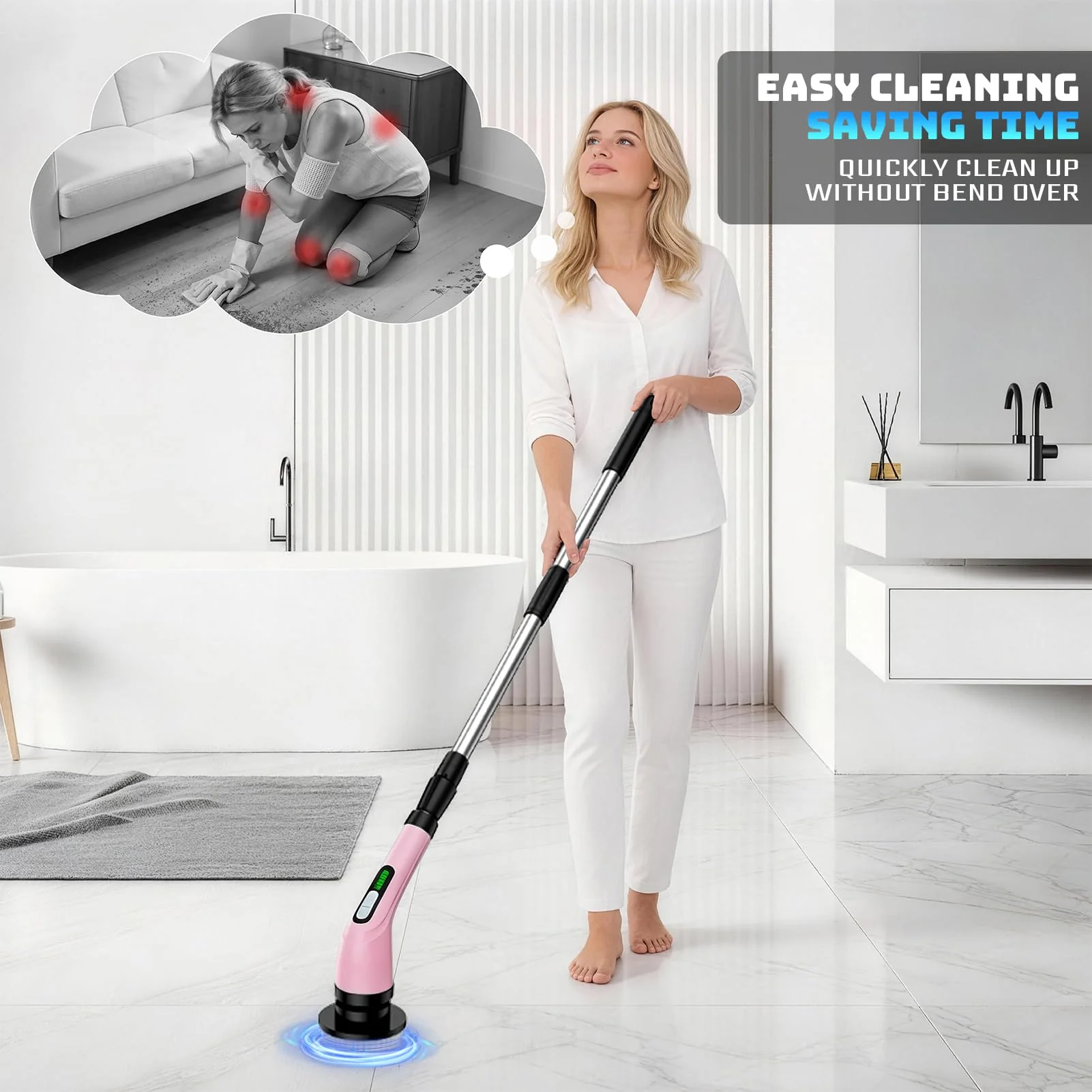 Highyes Electric Spin Scrubber for Cleaning Bathroom: Cordless Power Shower Scrubber - Electric Cleaning Brush for Tile Tub - Pink - Image 8