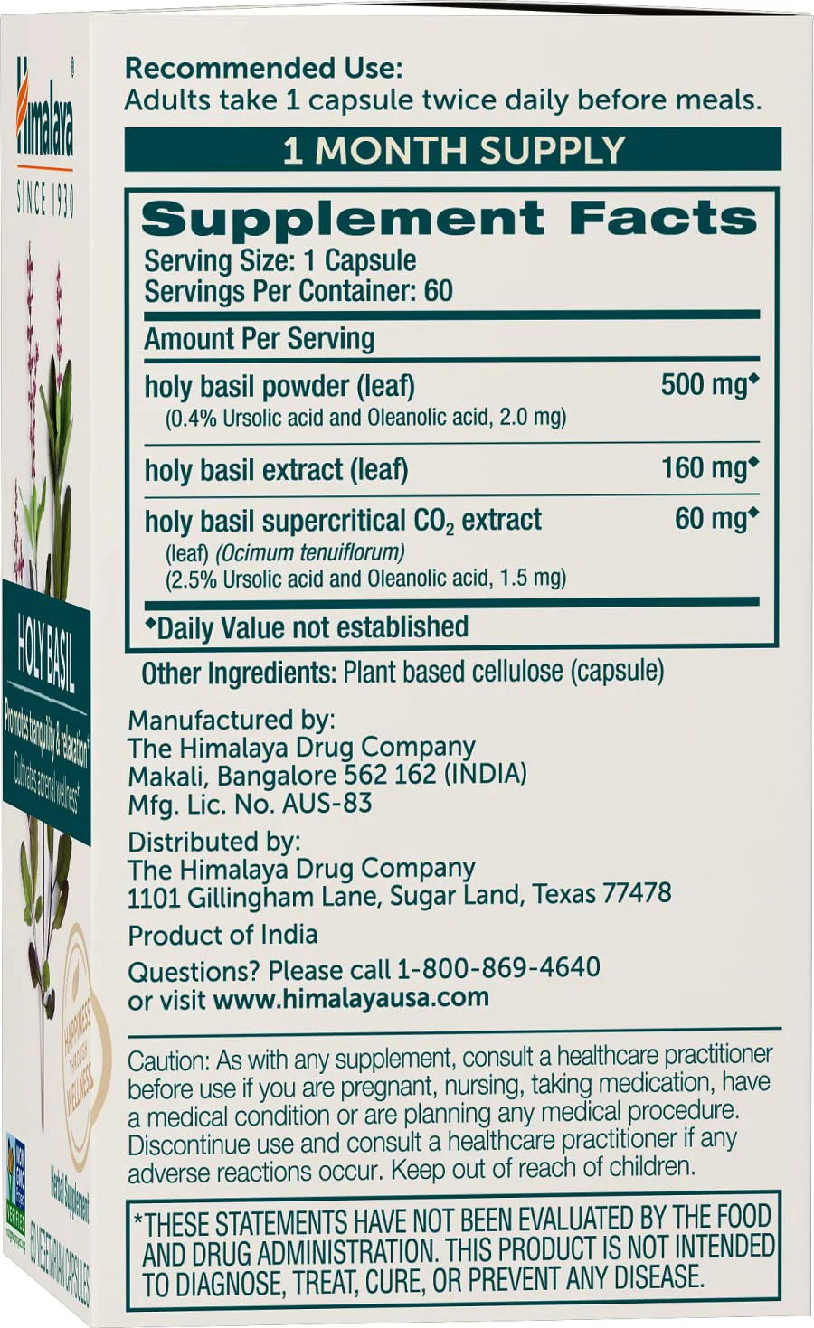 Himalaya Holy Basil, 60 Day Supply - Herbal Adrenal Support for Stress Relief, Relaxation, Energy Support and Occasional Sleeplessness - Vegan, Non-GMO, Gluten Free, 720 mg, 60 Capsules, Pack of 2 - Image 7