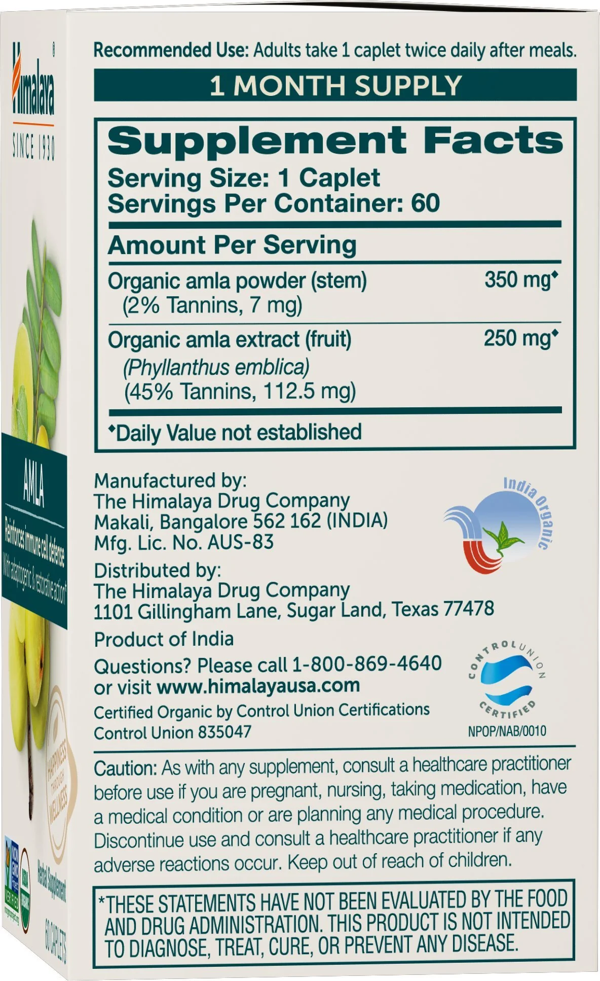 Himalaya Organic Amla - Herbal Immune Support Supplement with Adaptogen and Antioxidant - USDA Organic, Vegan, Non-GMO, Gluten Free, 600 mg, 60 Caplets - Image 6