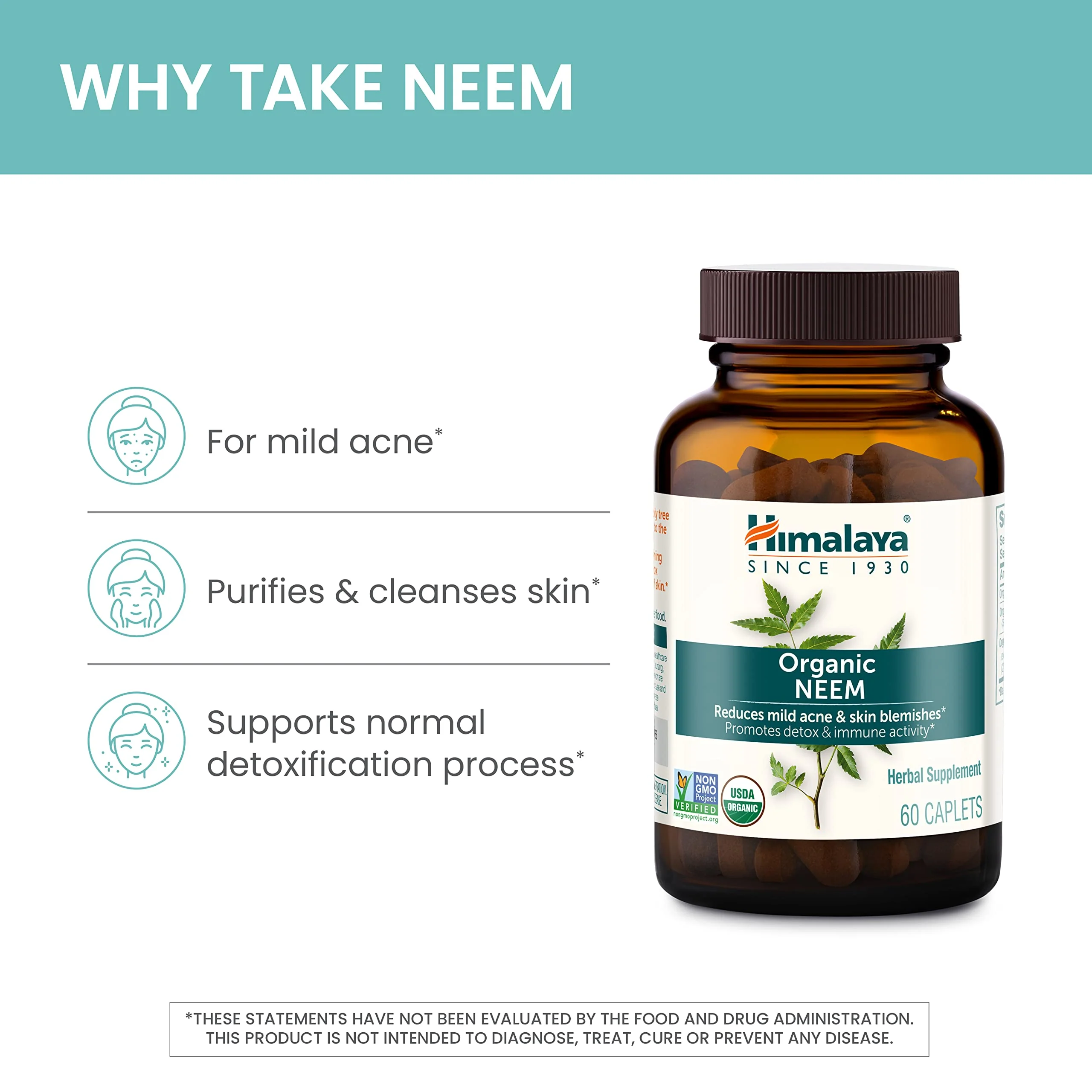 Himalaya Organic Neem, 60 Day Supply - Herbal Acne Supplements Supporting Clear Skin and Detox - USDA Organic, Vegan, Non-GMO, Gluten Free, 600 mg, 60 Caplets - Image 3