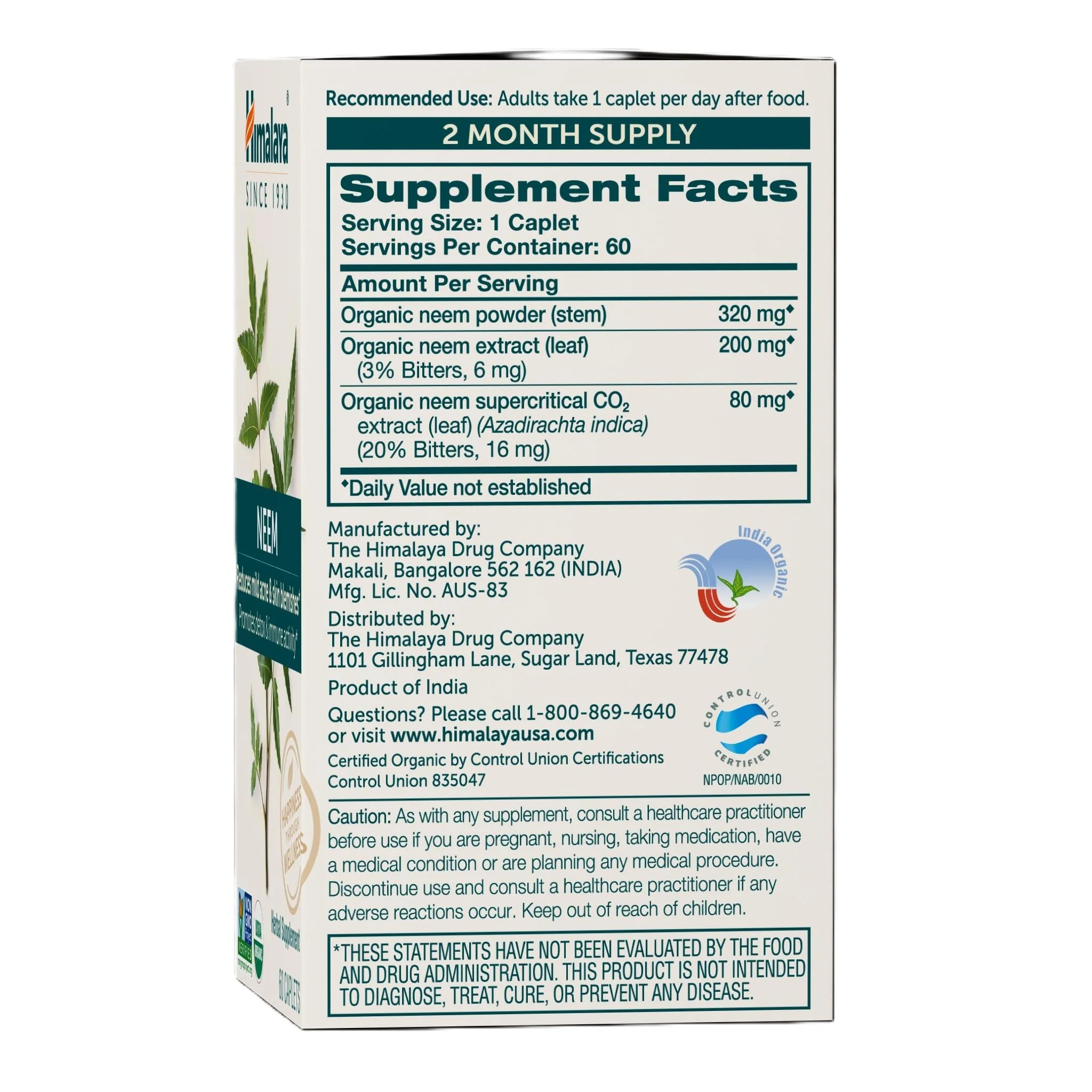 Himalaya Organic Neem, 60 Day Supply - Herbal Acne Supplements Supporting Clear Skin and Detox - USDA Organic, Vegan, Non-GMO, Gluten Free, 600 mg, 60 Caplets - Image 6