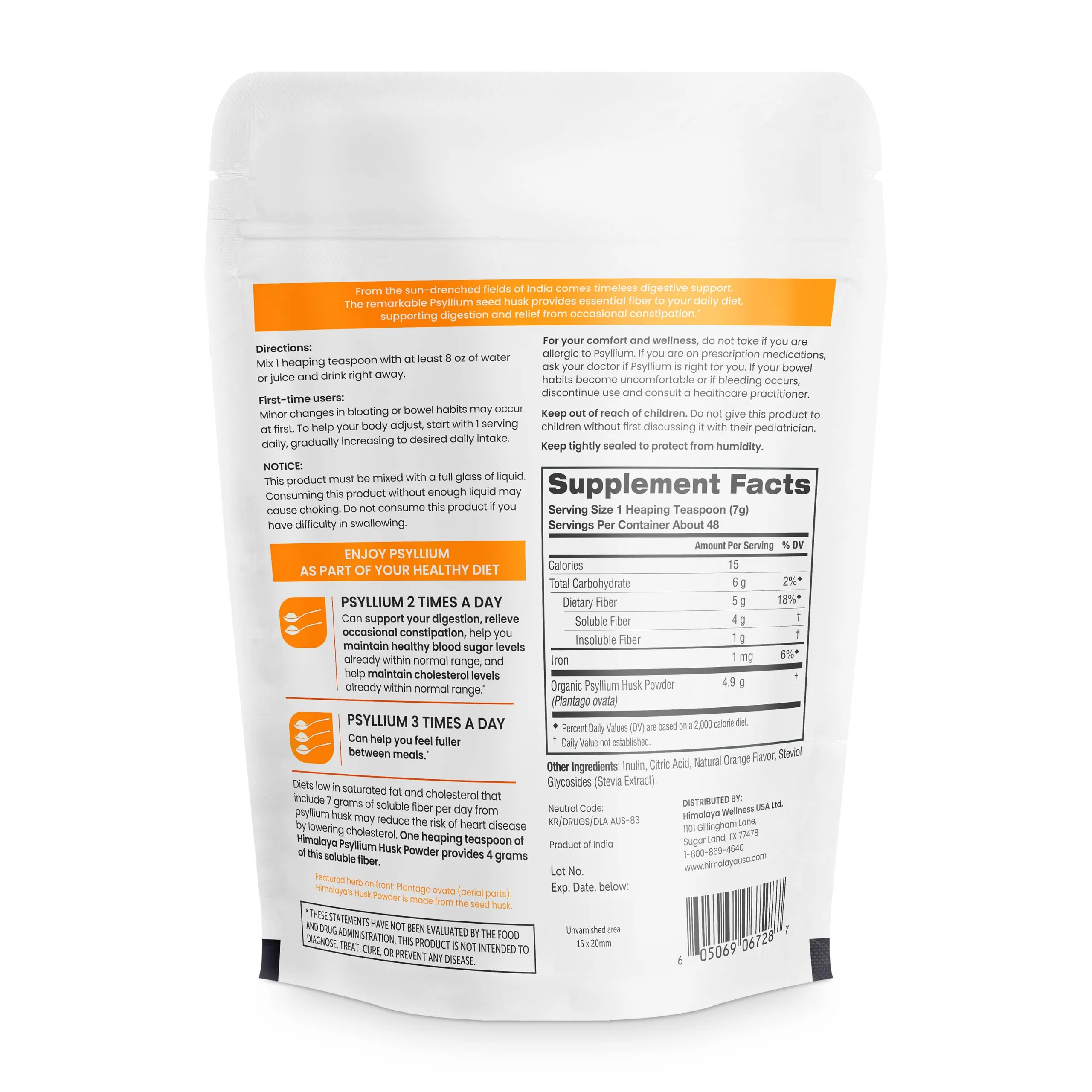 Himalaya Psyllium Husk Powder, Orange, 48 Servings - Daily Fiber Supplement for Supporting Digestive Health and Regularity - Vegan, Non-GMO, Sugar Free, Gluten Free, 12 oz (340 g) - Image 2