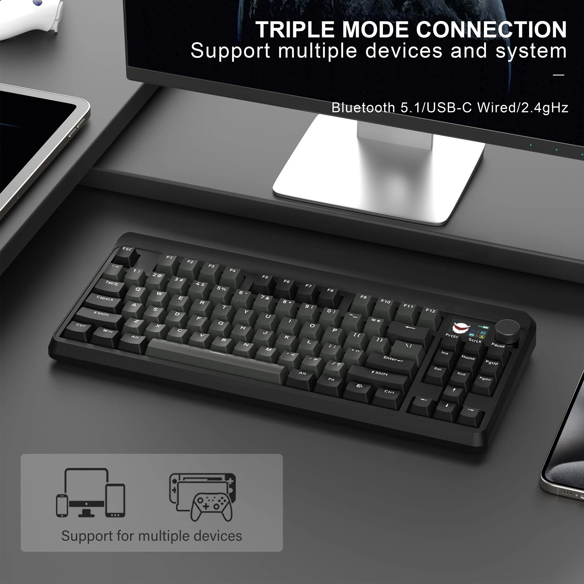 HITIME XVX Retro 75% Gaming Keyboard with TFT Smart Display&Knob, M87 Pro Bluetooth/2.4G/USB-C Wireless Mechanical Key Board - Image 4
