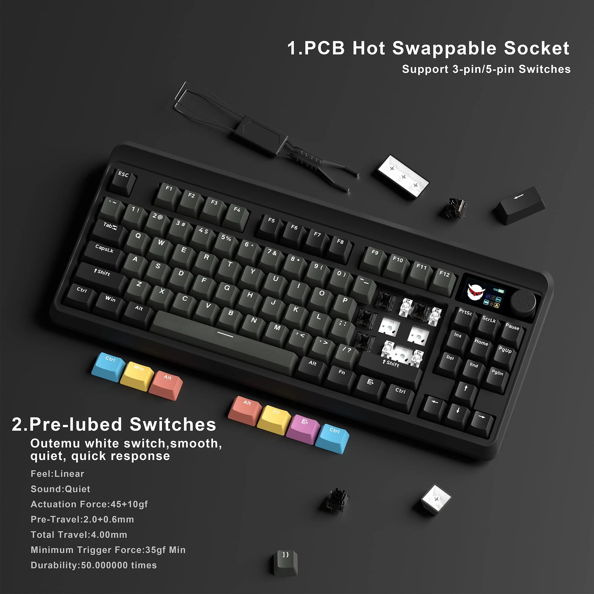 HITIME XVX Retro 75% Gaming Keyboard with TFT Smart Display&Knob, M87 Pro Bluetooth/2.4G/USB-C Wireless Mechanical Key Board - Image 5
