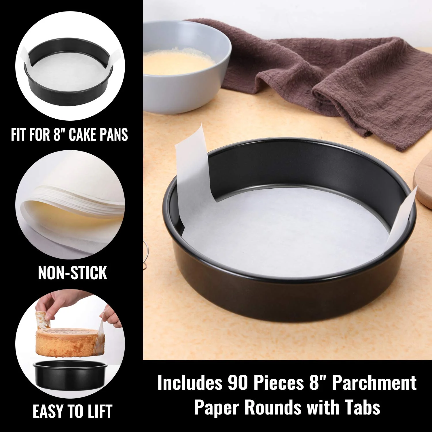 HIWARE 8-Inch Round Cake Pan Set of 3, Nonstick Baking Cake Pans with 90 Pieces Parchment Paper, Dishwasher Safe - Image 6