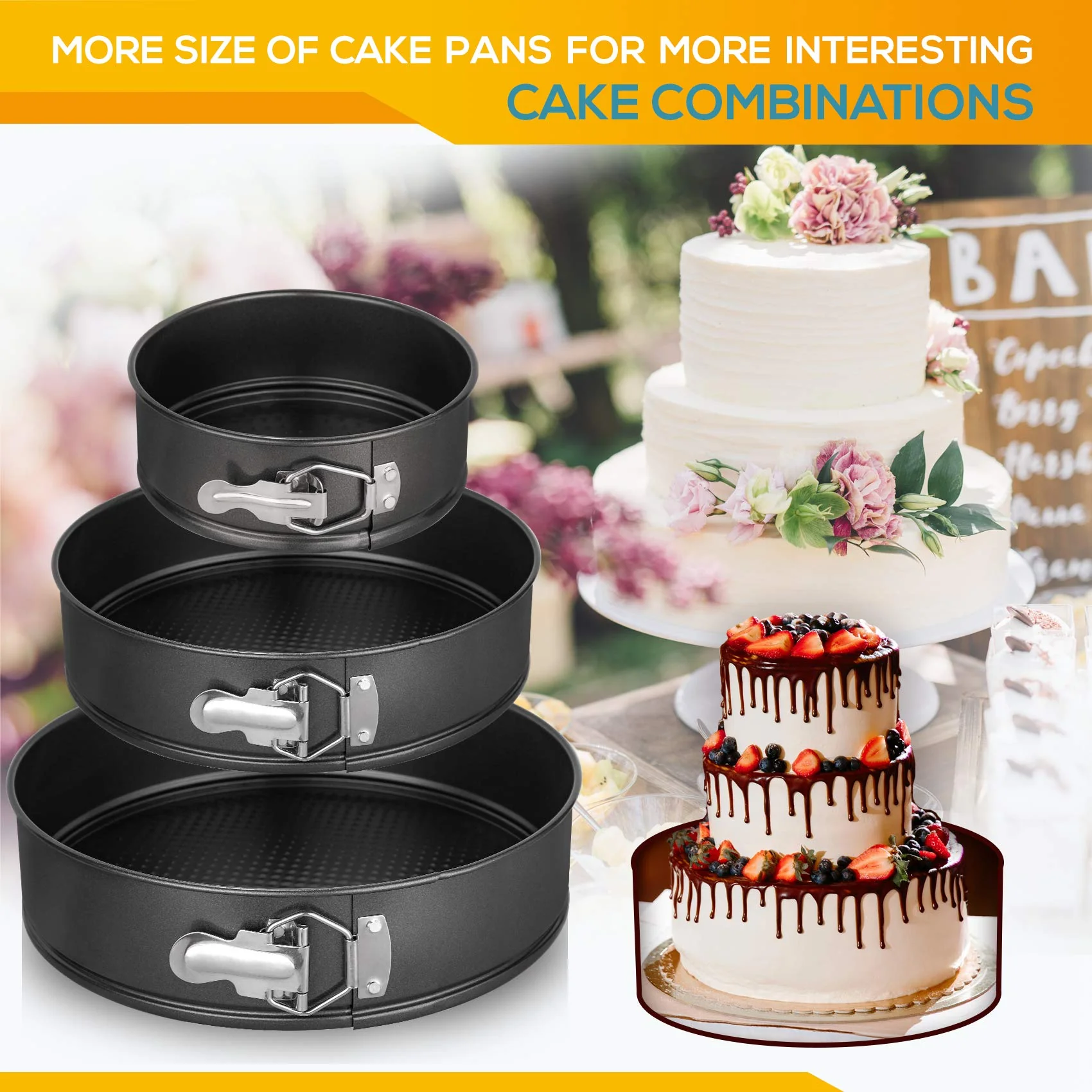 Hiware Springform Pan Set of 3 Non-stick Leakproof Round Cake Pan Set Includes 3 Pieces 6" 8" 10" - Image 2