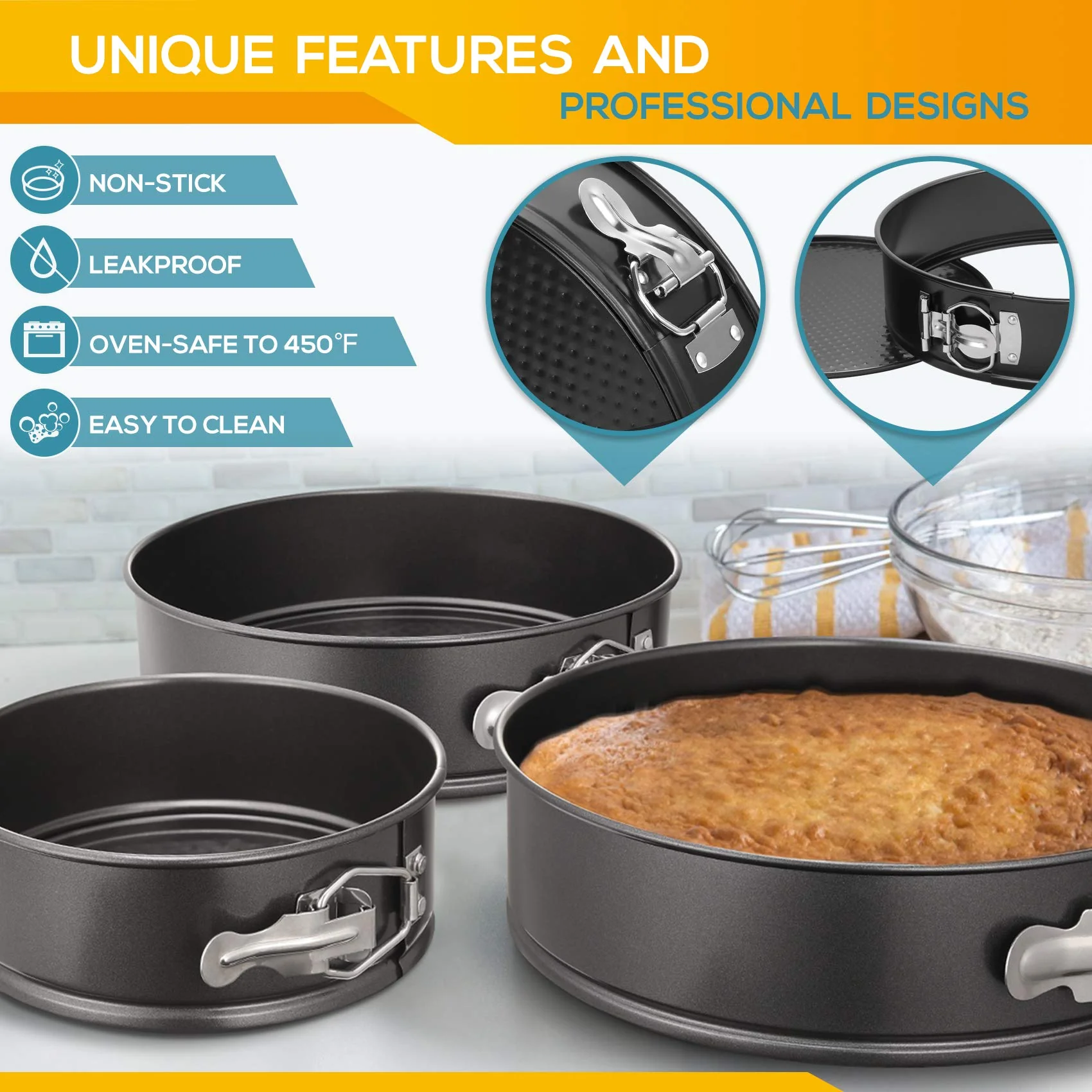 Hiware Springform Pan Set of 3 Non-stick Leakproof Round Cake Pan Set Includes 3 Pieces 6" 8" 10" - Image 6