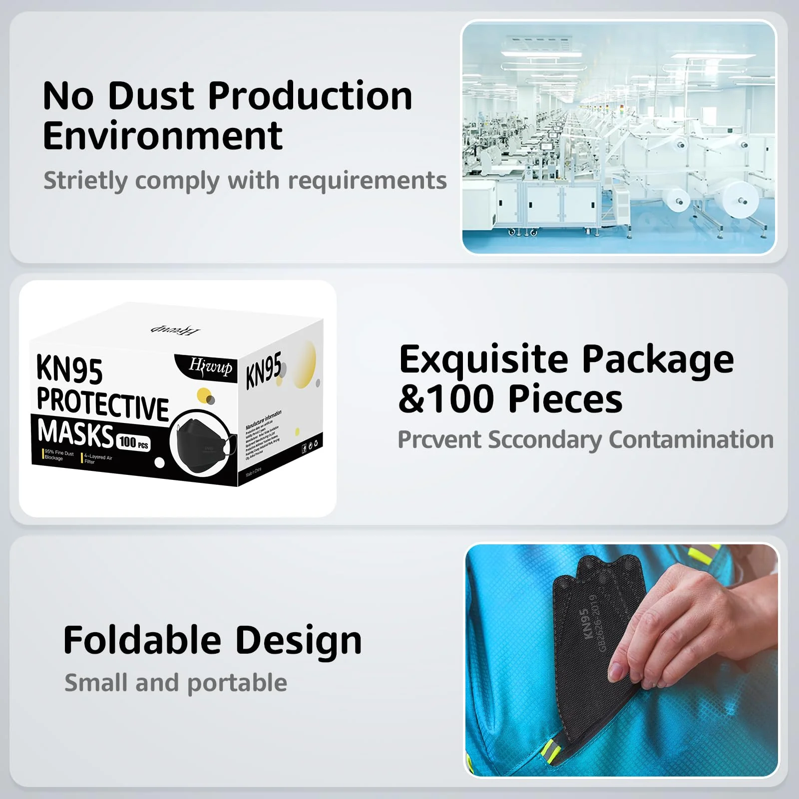 HIWUP KN95 Face Masks 100 Pack, Breathable Comfortable and Disposable KN95 Mask, Black - Image 2
