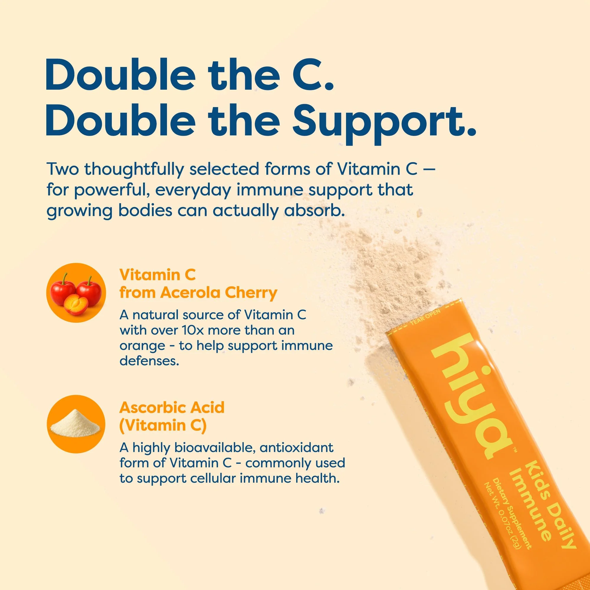 Hiya Kids Immune Support – Vitamin C, Elderberry & Beta Glucans for Ages 2+, Delicious Orange Flavor, 0g Sugar – 20 Stick Packs for Toddlers & Kids - Image 2