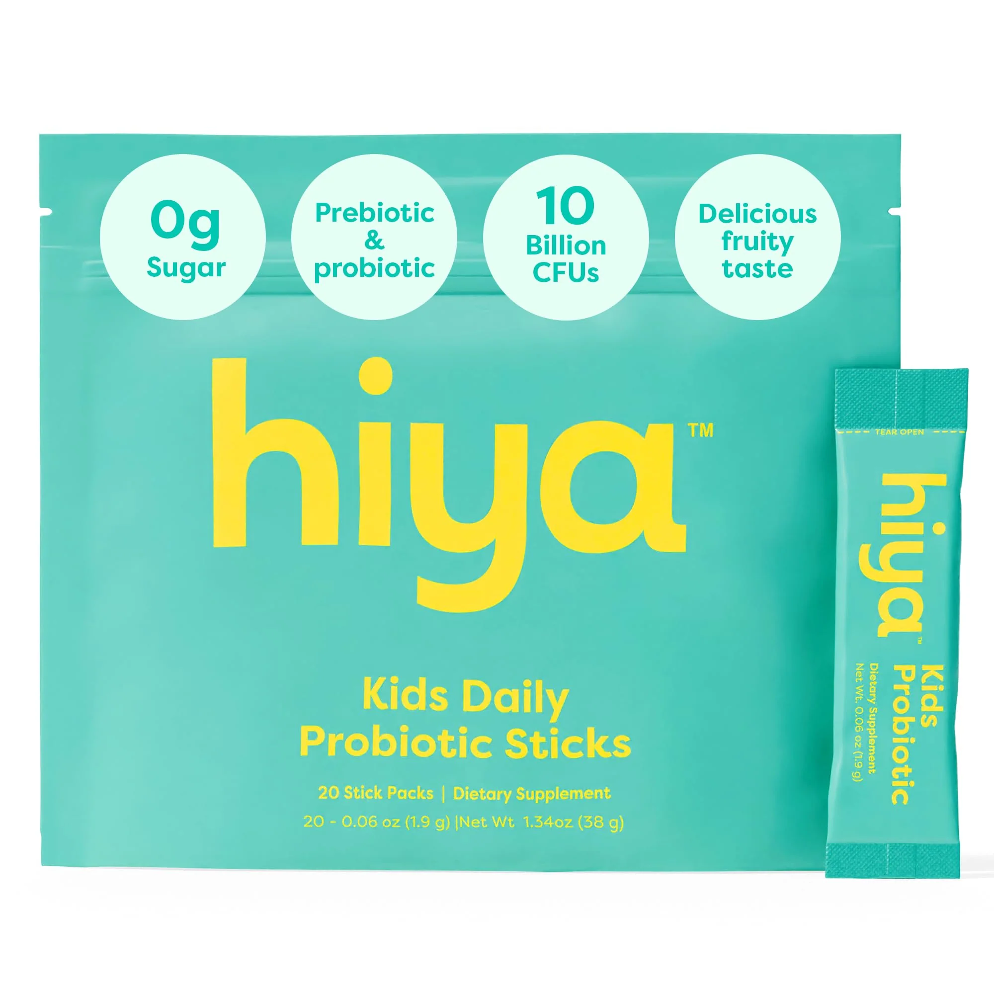 Hiya Kids Probiotic – 10 Billion CFU with Clinically-Studied Strains for Ages 2+, Supports Gut Health & Immune, 0g Sugar – 20 Stick Packs for Toddlers & Kids
