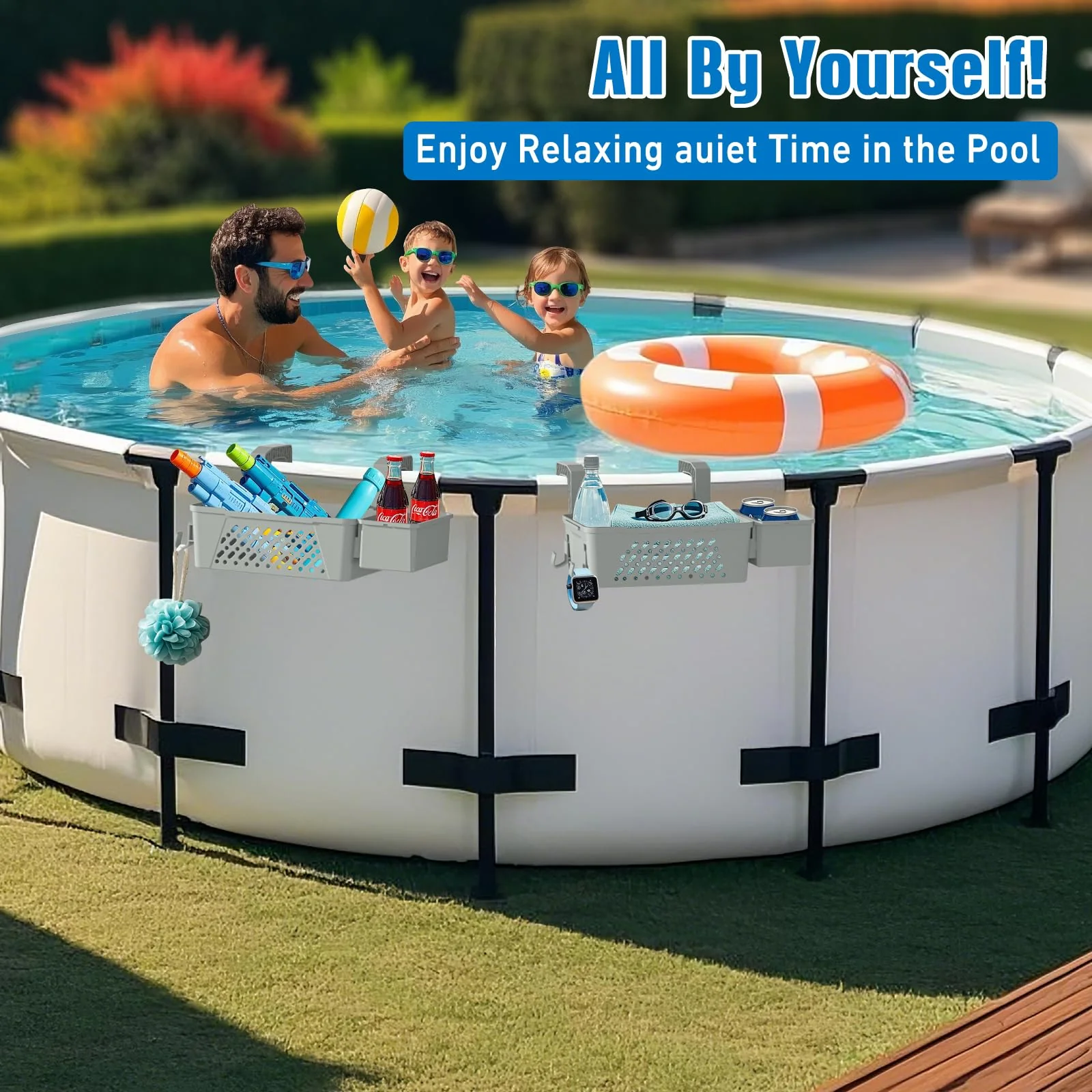HKQ 【2026 Upgrade】 2 Sets Poolside Storage Basket with Cup Holders, Above Ground Pool Accessories, Swimming Pool Storage Basket 3-in-1 Functionality, Fits 3 Inch or Less Top Rail (Grey, 2Pcs) - Image 4