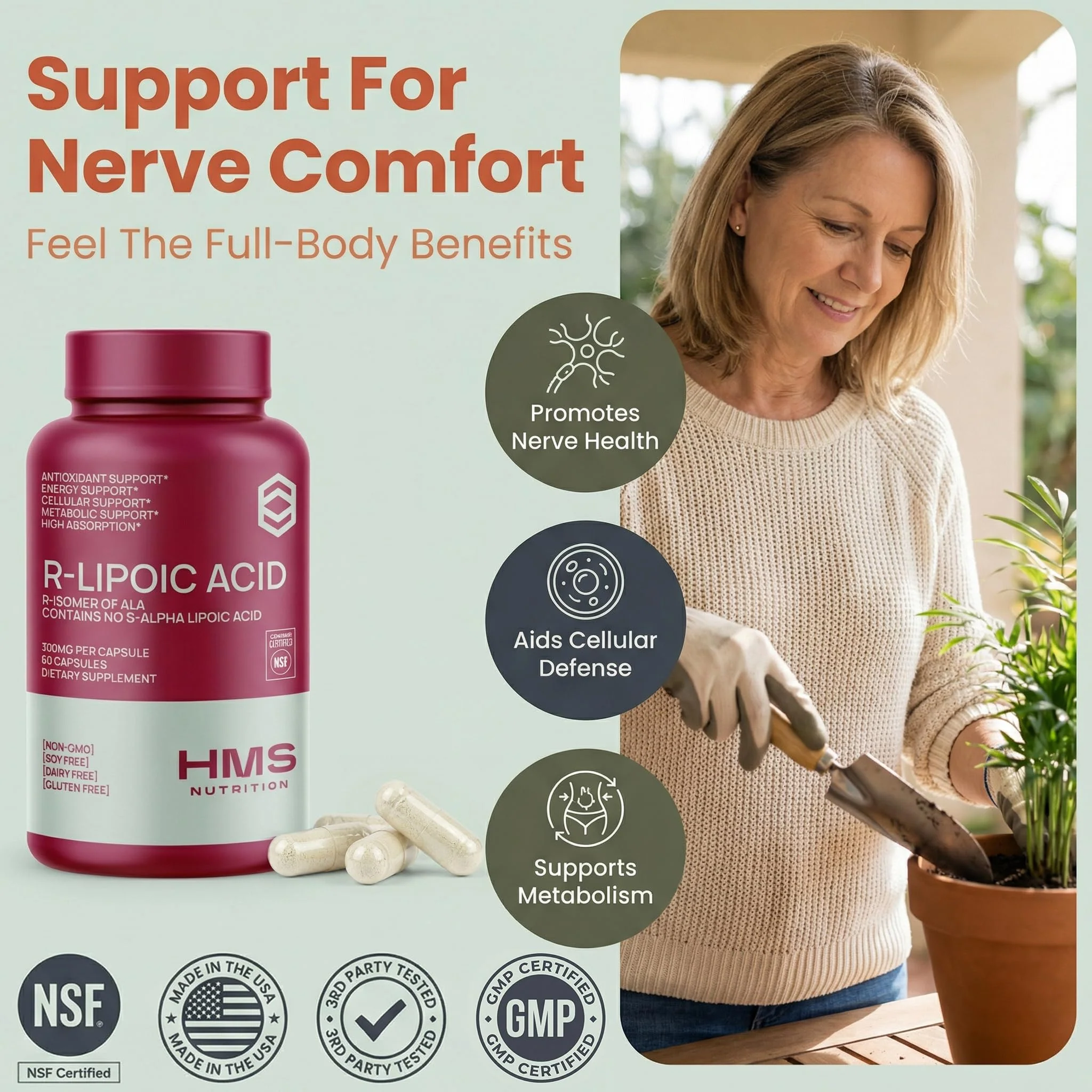 HMS Nutrition Stabilized R-Lipoic Acid 300 mg per Serving — Pure R Alpha Lipoic Acid (R-ALA) High Potency Active R Isomer Antioxidant Nerve & Metabolism Support — NSF Certified Non-GMO Vegan 60Capsule - Image 8