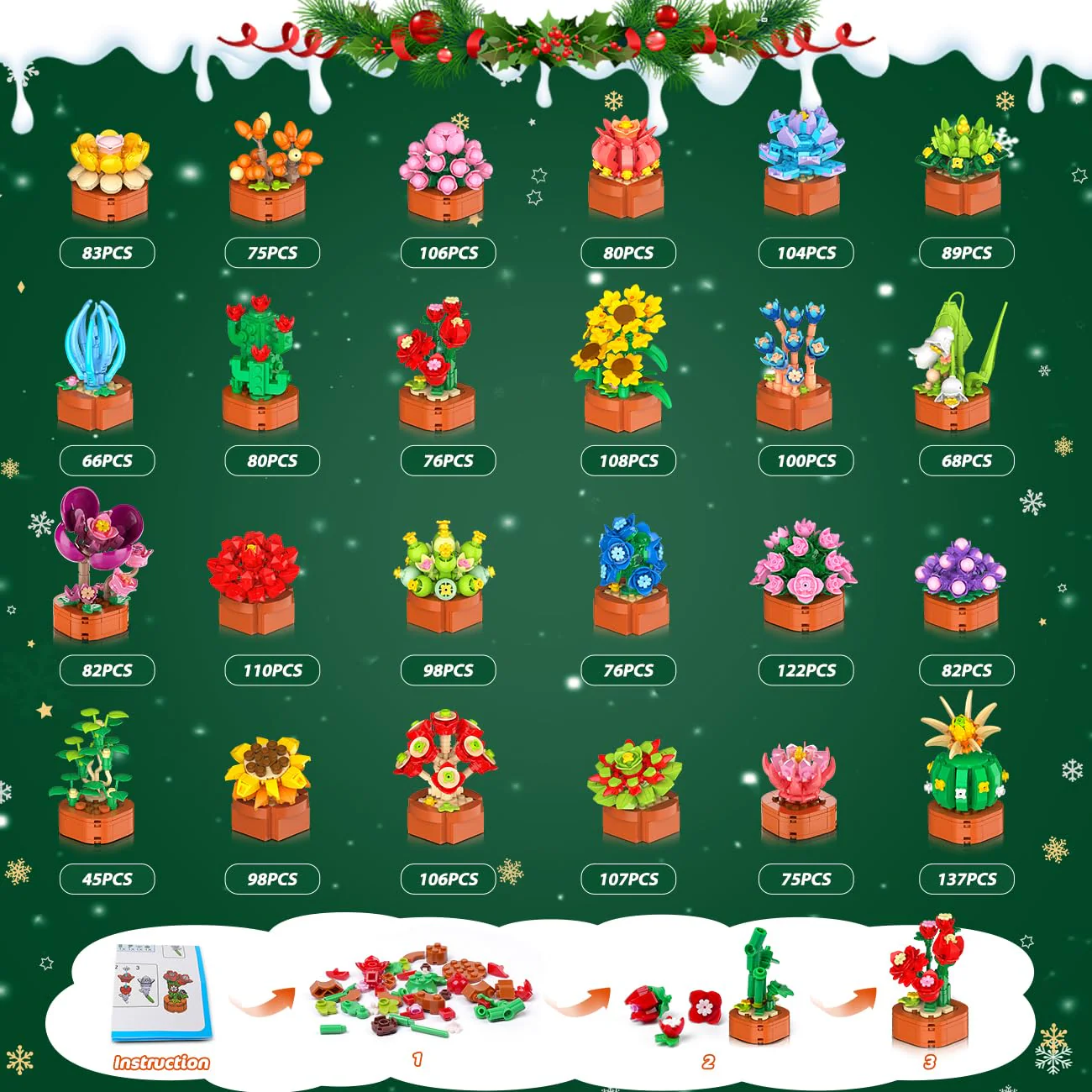 HOGOKIDS Advent Calendar 2025 Flowers Mini Building Set for Kids Adults - 24 Day Succulent Flower Christmas Countdown Calendar 3.6MM Blocks Toys, Xmas Gift Box Set for Boys Girls Women Men Age 10+ - Image 7