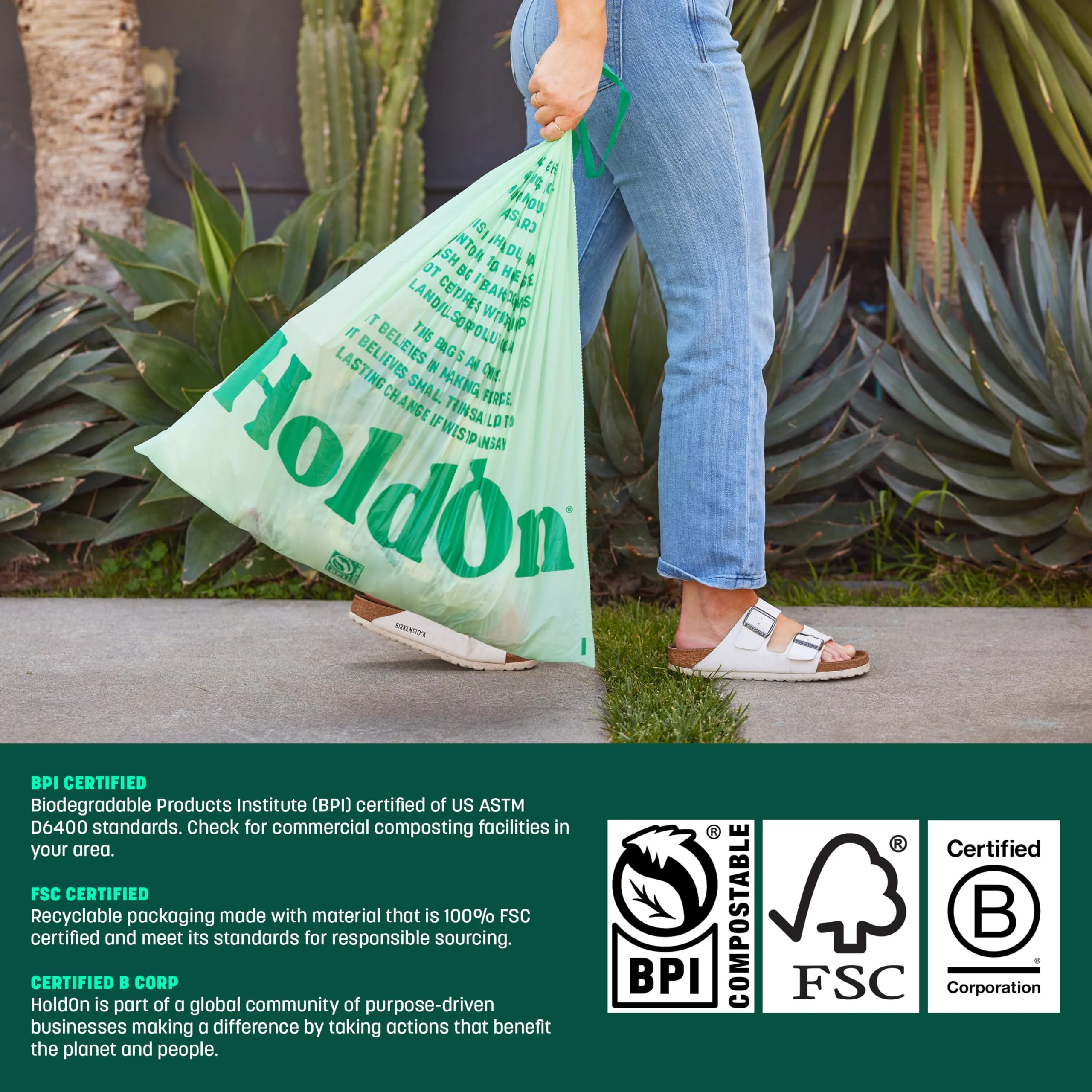 HoldOn 13-Gallon Trash Bags – Plant-based Tall Kitchen Trash Bags with Drawstring Handles for Tall Trash Bins, Heavy-duty and Compostable Large Trash Bags (40 bags) - Image 2