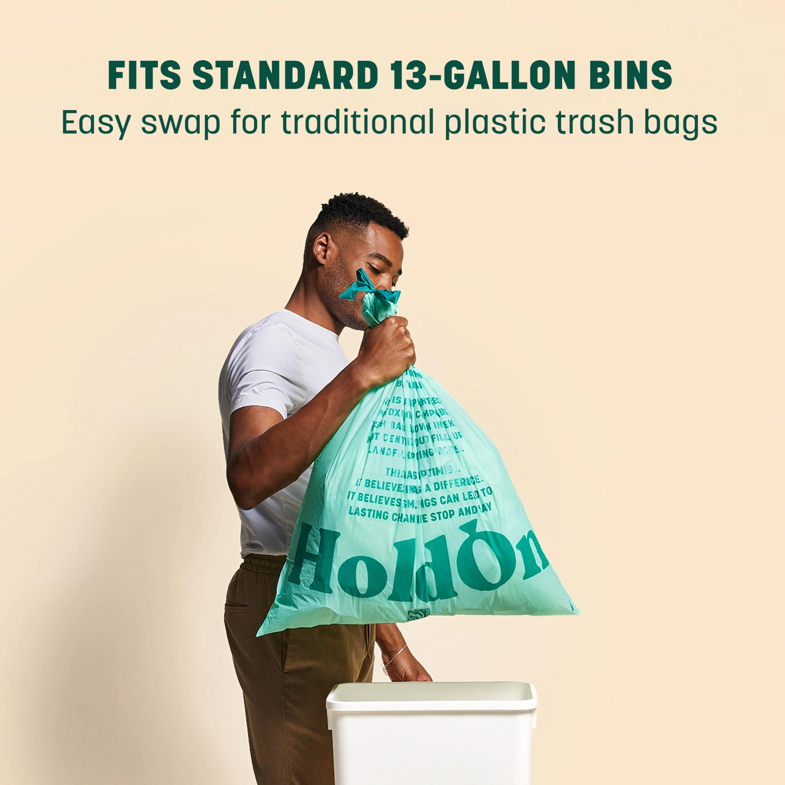 HoldOn 13-Gallon Trash Bags – Plant-based Tall Kitchen Trash Bags with Drawstring Handles for Tall Trash Bins, Heavy-duty and Compostable Large Trash Bags (40 bags) - Image 5
