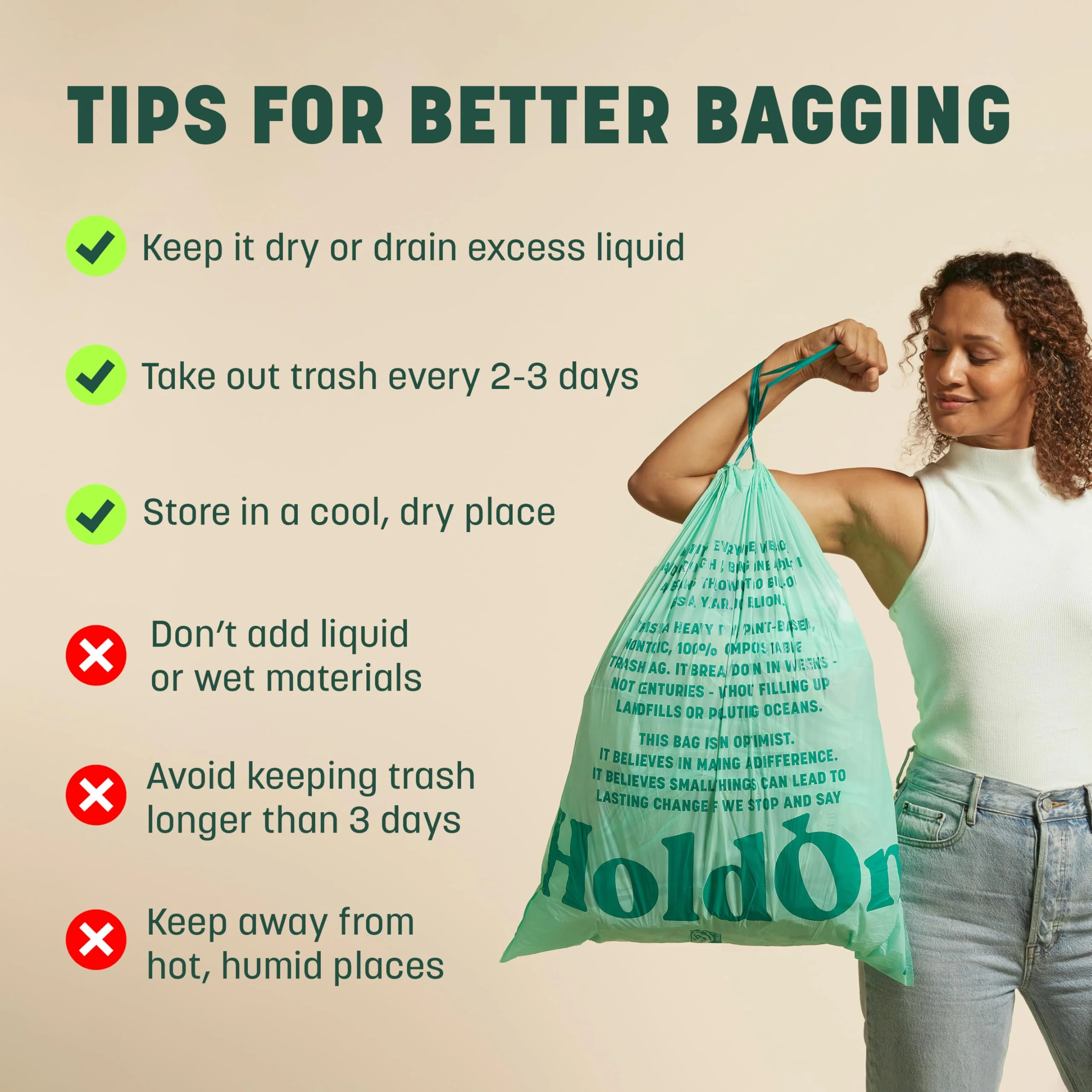 HoldOn 13-Gallon Trash Bags – Plant-based Tall Kitchen Trash Bags with Drawstring Handles for Tall Trash Bins, Heavy-duty and Compostable Large Trash Bags (40 bags) - Image 7