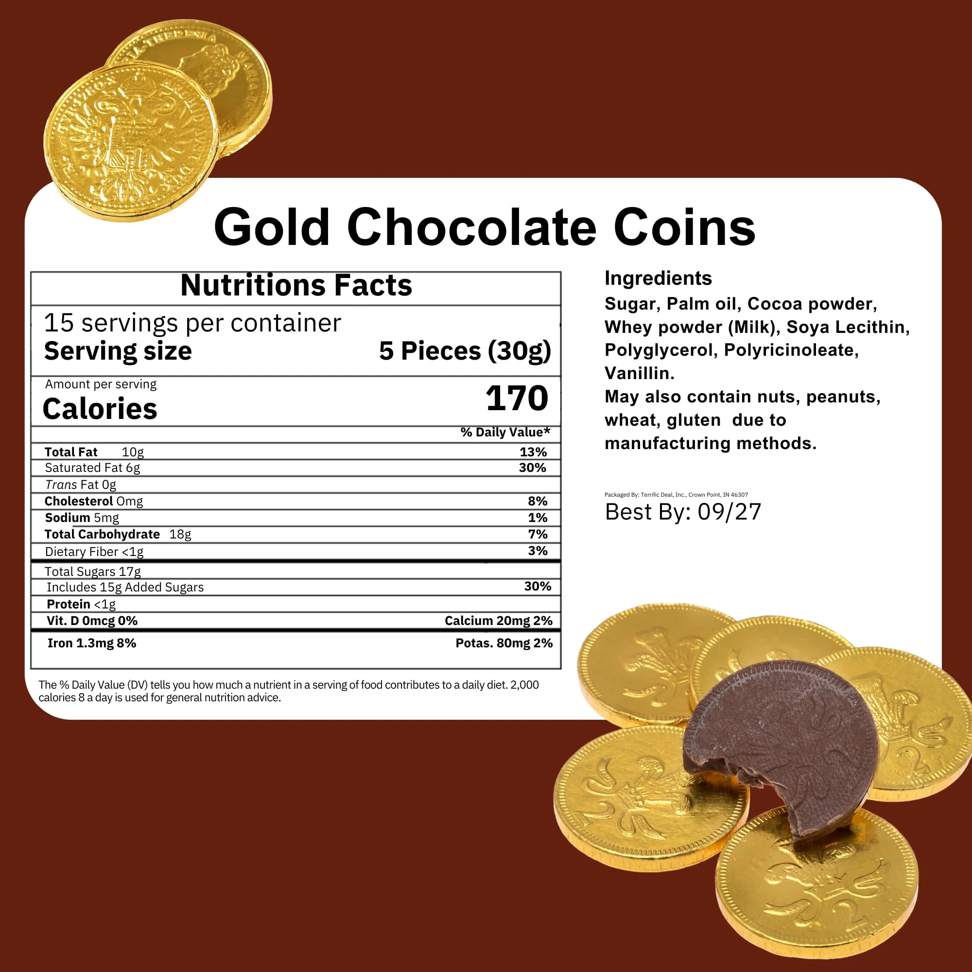 Holiday Gold Half Dollar Chocolate Coins 1LB. Milk Chocolate Coins for Birthdays, Christmas, Halloween or any ocasion. Half Dollar Gold Foil Coins, Pieces Individually Wrapped (1 Pound) - Image 7
