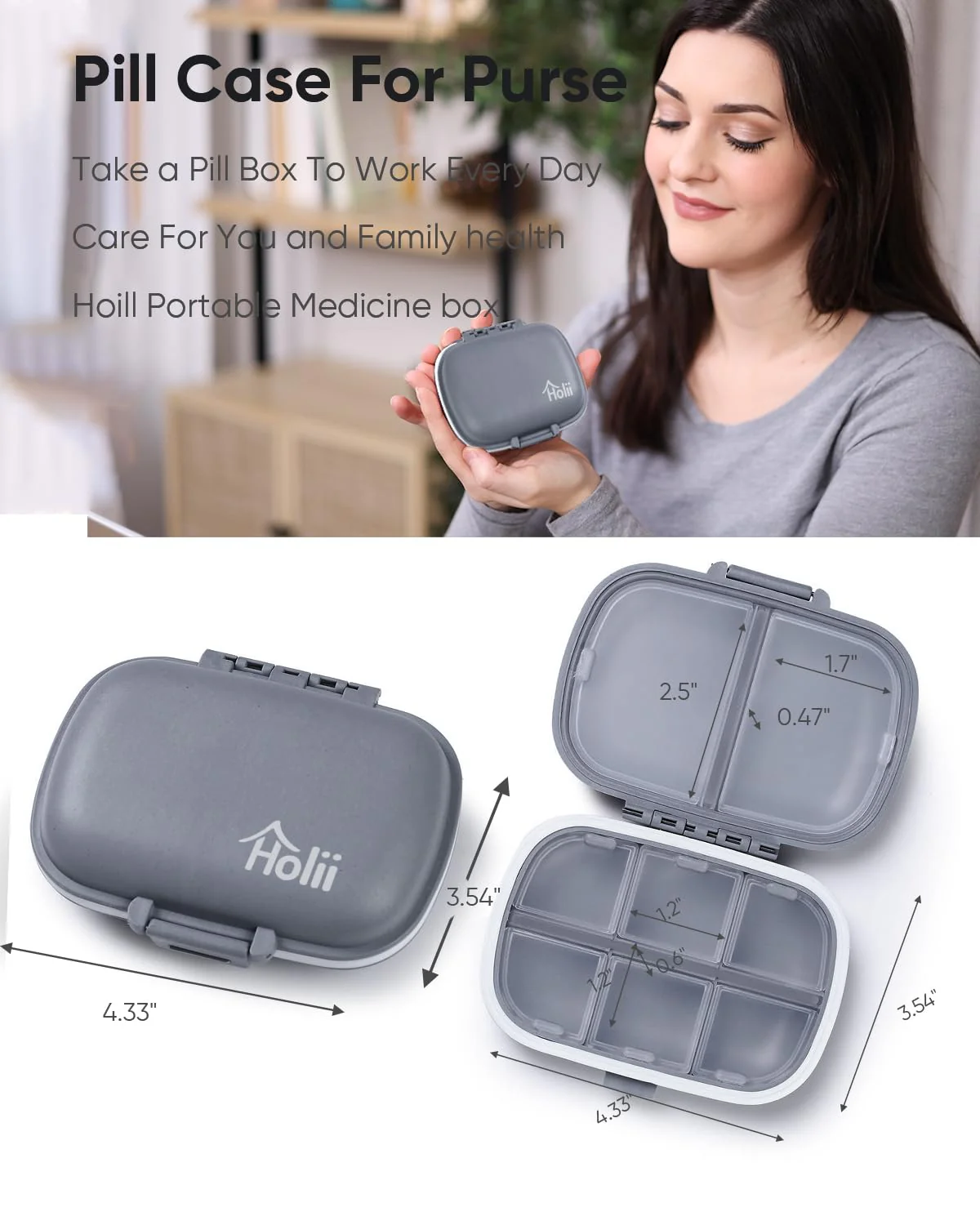 Holii Travel Pill Organizer, 8 Compartments Portable Pill Case, Daily Pill Box to Hold Vitamins, Small Pill Container for Pocket Purse Medicine Organizer(Gray) - Image 3