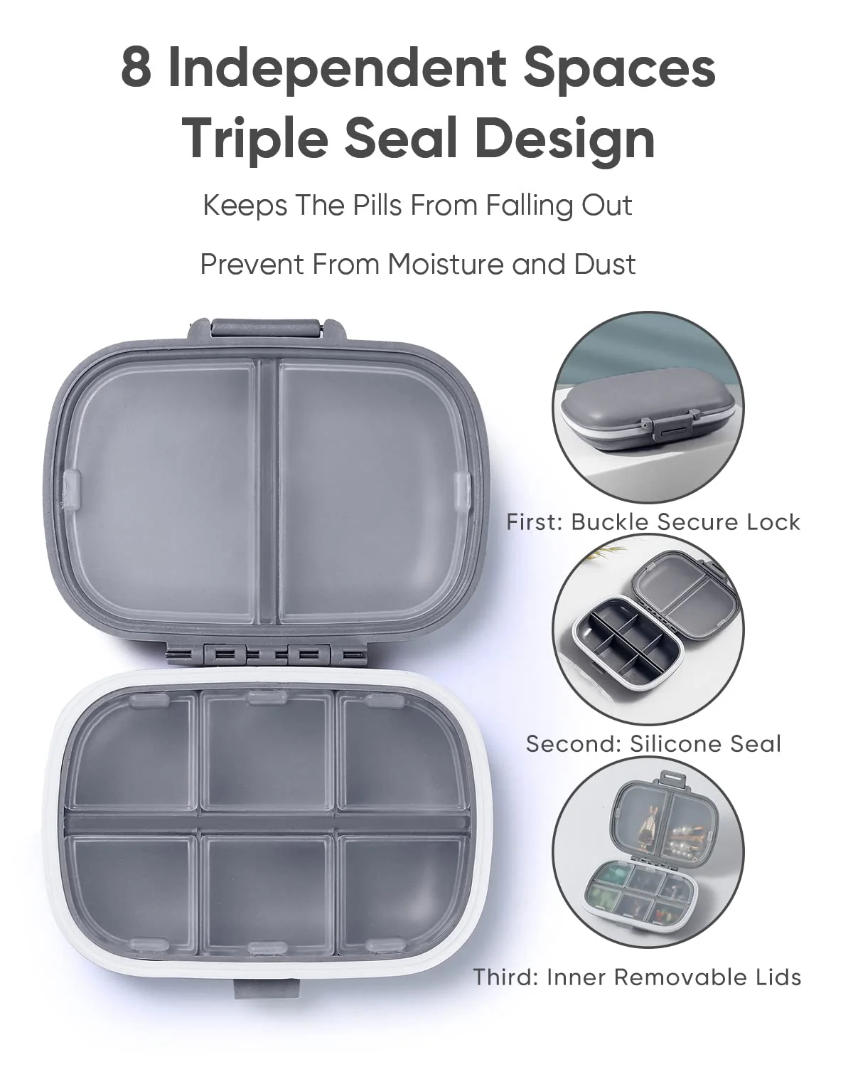 Holii Travel Pill Organizer, 8 Compartments Portable Pill Case, Daily Pill Box to Hold Vitamins, Small Pill Container for Pocket Purse Medicine Organizer(Gray) - Image 5