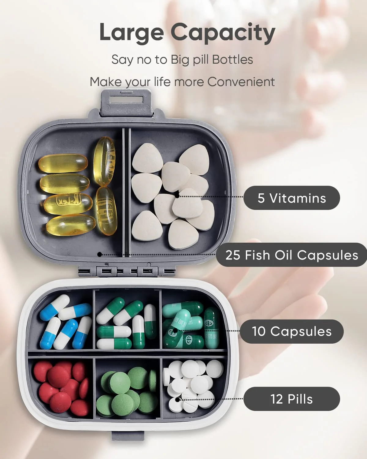 Holii Travel Pill Organizer, 8 Compartments Portable Pill Case, Daily Pill Box to Hold Vitamins, Small Pill Container for Pocket Purse Medicine Organizer(Gray) - Image 6