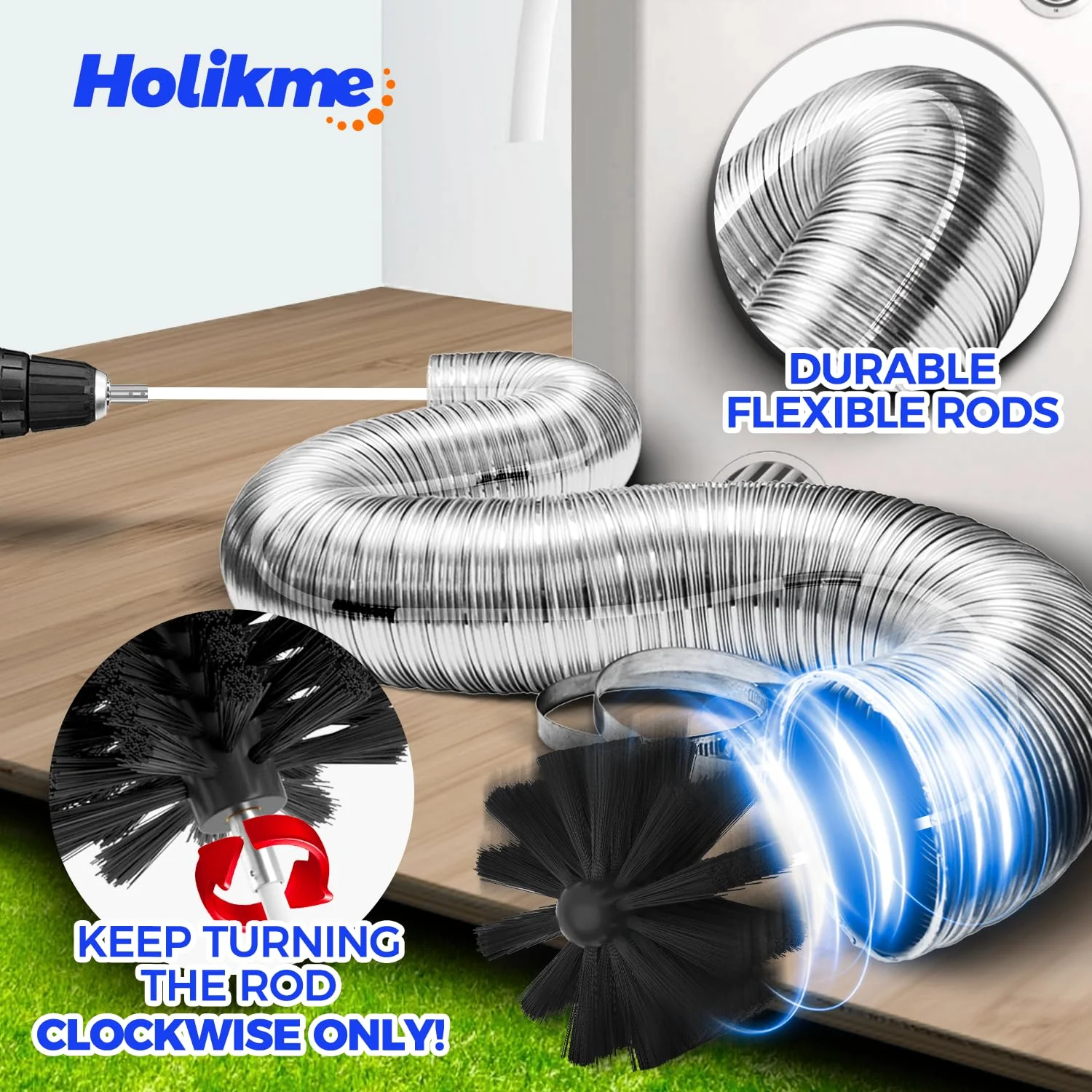 Holikme 35Feet Dryer Vent Cleaner Kit - Lint Remover,Fireplace Chimney Brushes,Replacement Parts,Duct Cleaning,Flexible Lint Brush with Drill Attachment×2,Use with or Without a Power Drill - Image 5