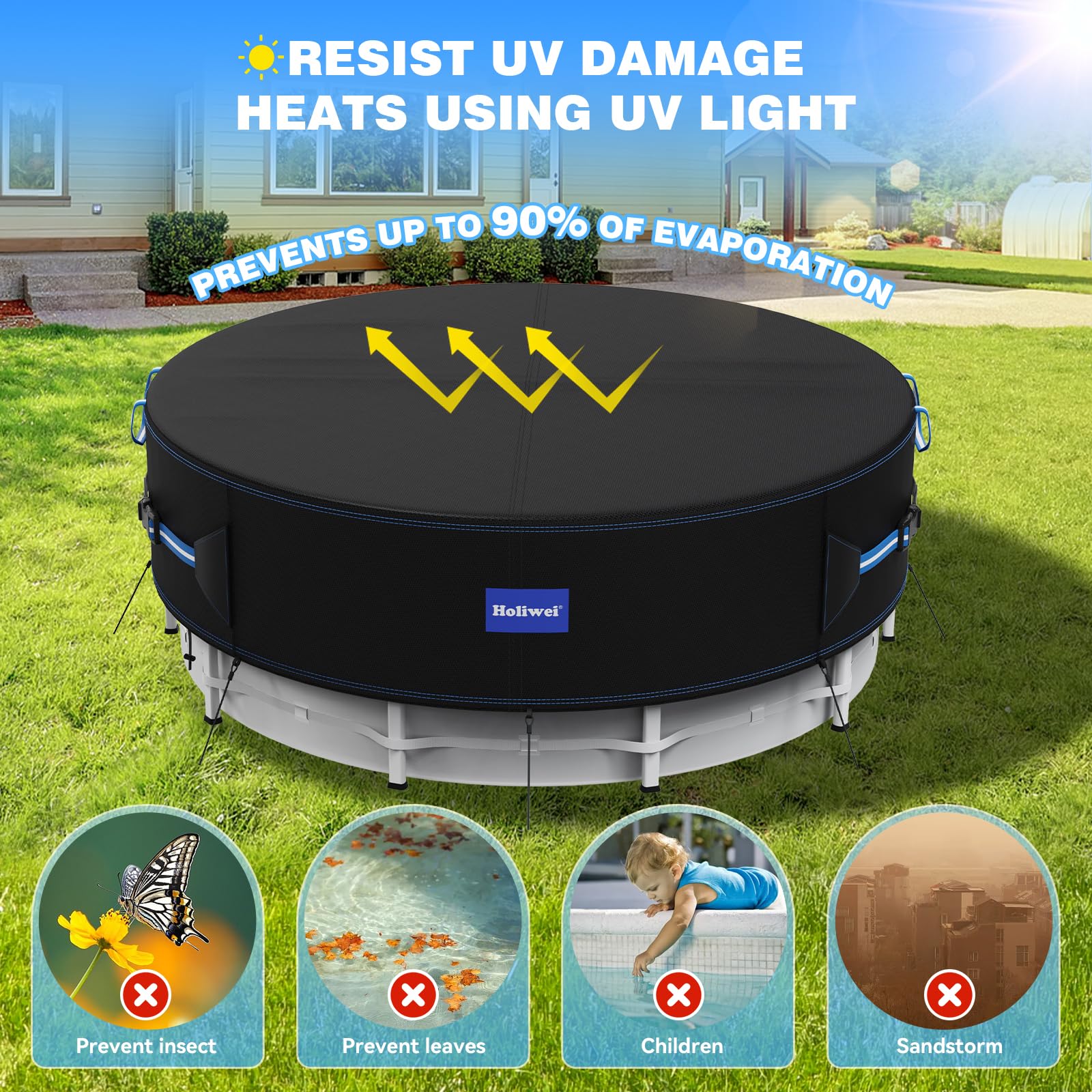 Holiwei 12 Ft Round Pool Cover with Reflective Strips, 420D Swimming Pool Cover for Above Ground Pools, Solar Cover with Drawstring and Ground Nails for Dustproof, UV Protected - Image 3