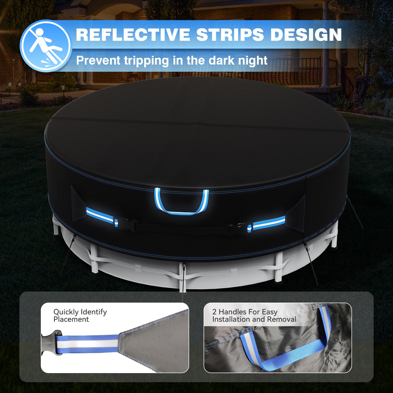 Holiwei 12 Ft Round Pool Cover with Reflective Strips, 420D Swimming Pool Cover for Above Ground Pools, Solar Cover with Drawstring and Ground Nails for Dustproof, UV Protected - Image 4