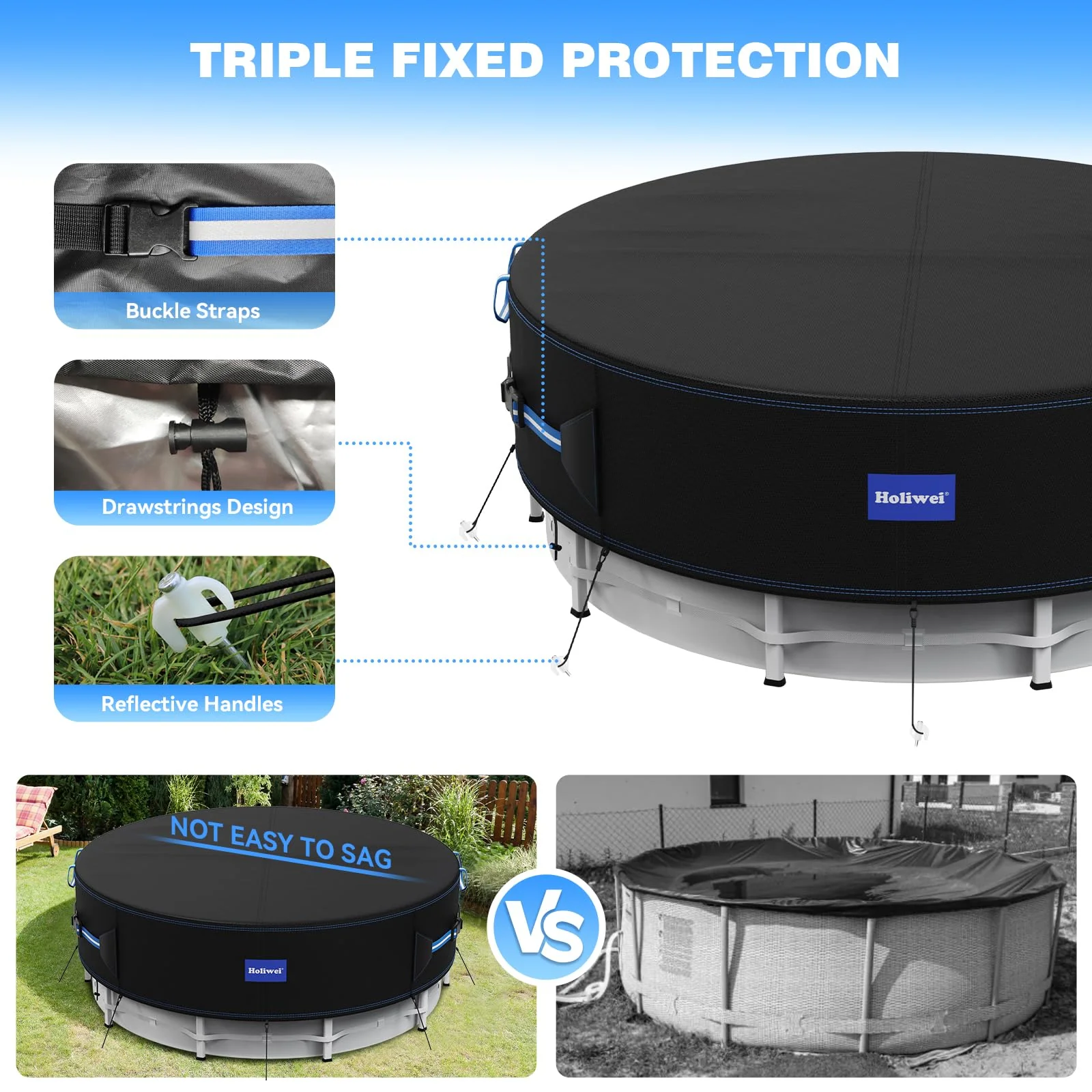 Holiwei 12 Ft Round Pool Cover with Reflective Strips, 420D Swimming Pool Cover for Above Ground Pools, Solar Cover with Drawstring and Ground Nails for Dustproof, UV Protected - Image 6