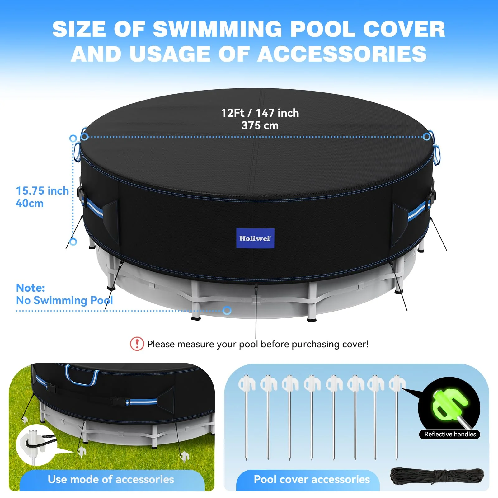Holiwei 12 Ft Round Pool Cover with Reflective Strips, 420D Swimming Pool Cover for Above Ground Pools, Solar Cover with Drawstring and Ground Nails for Dustproof, UV Protected - Image 7