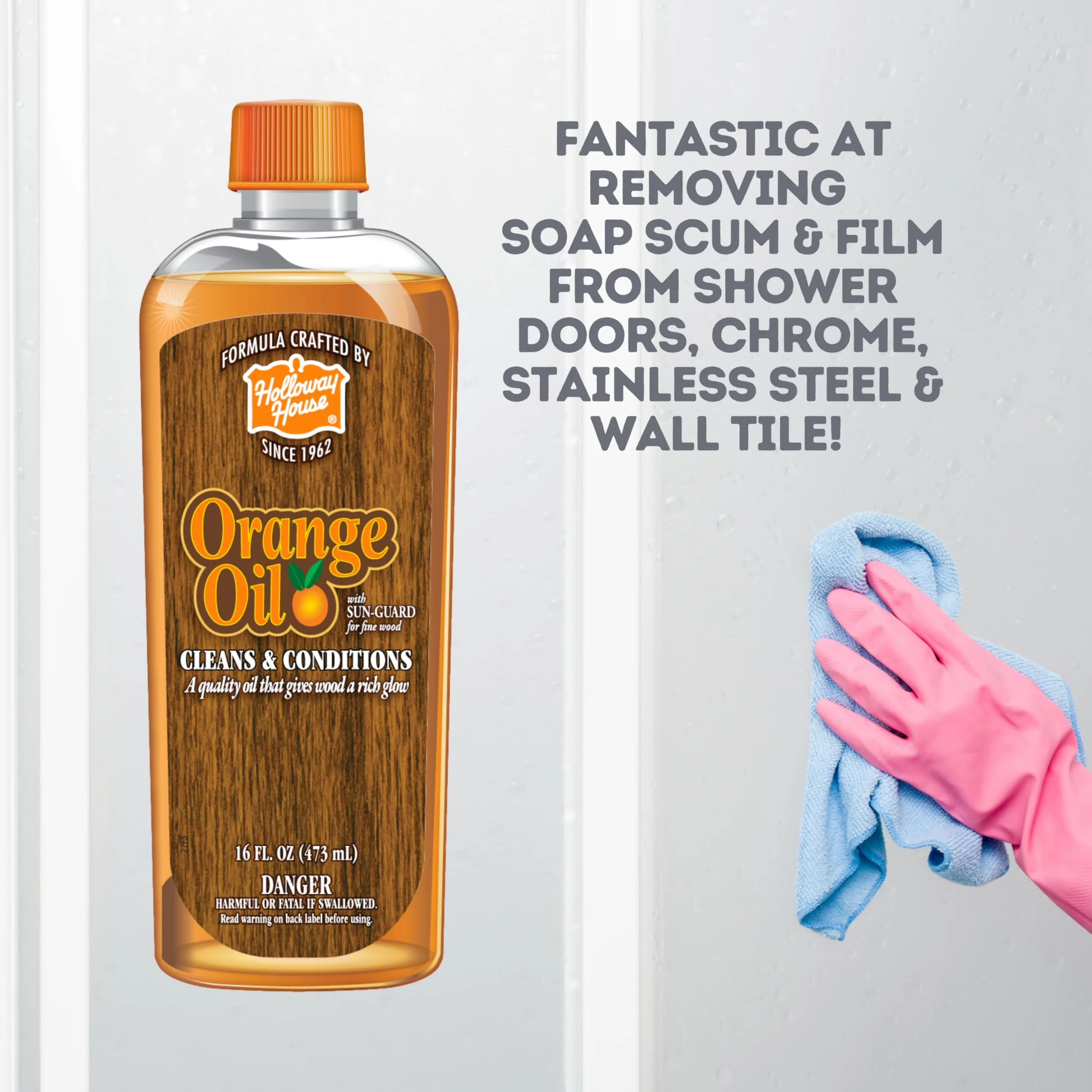 Holloway House Orange Oil Cleaner 16oz, 6Pk w/Sun-Guard for Fine Wood | Cleans & Conditions | Removes Soap Scum from Shower Doors, Stainless, Tile & Sinks | Natural Oil That Gives Wood a Rich Glow - Image 4