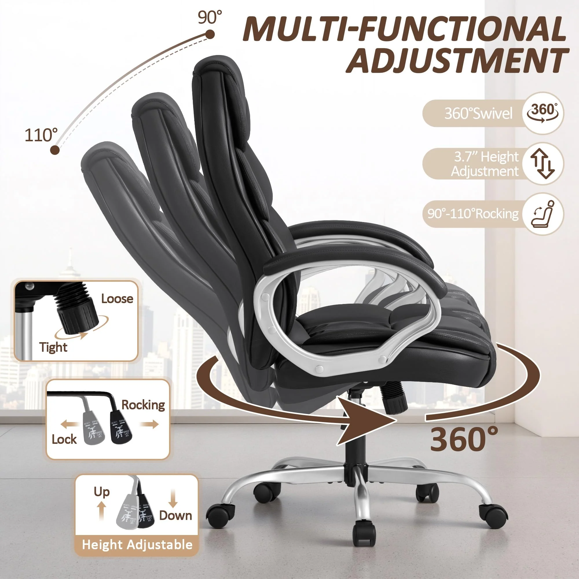 Homall High Back Ergonomic Desk Chair, PU Leather Adjustable Height Modern Executive Swivel Task Chair with Padded Armrests and Lumbar Support (Black) - Image 2