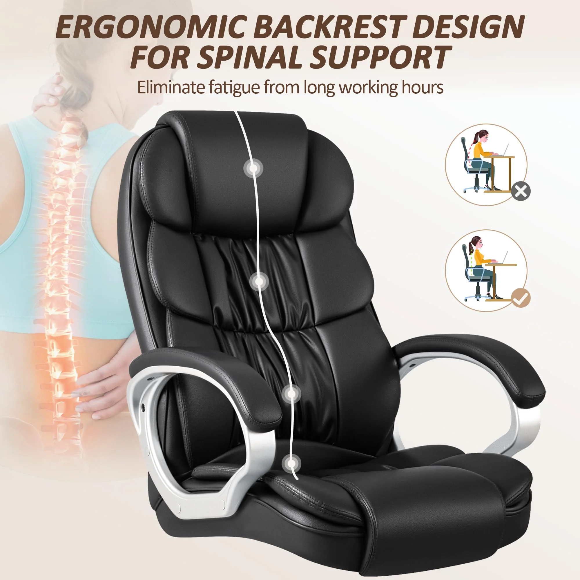 Homall High Back Ergonomic Desk Chair, PU Leather Adjustable Height Modern Executive Swivel Task Chair with Padded Armrests and Lumbar Support (Black) - Image 3