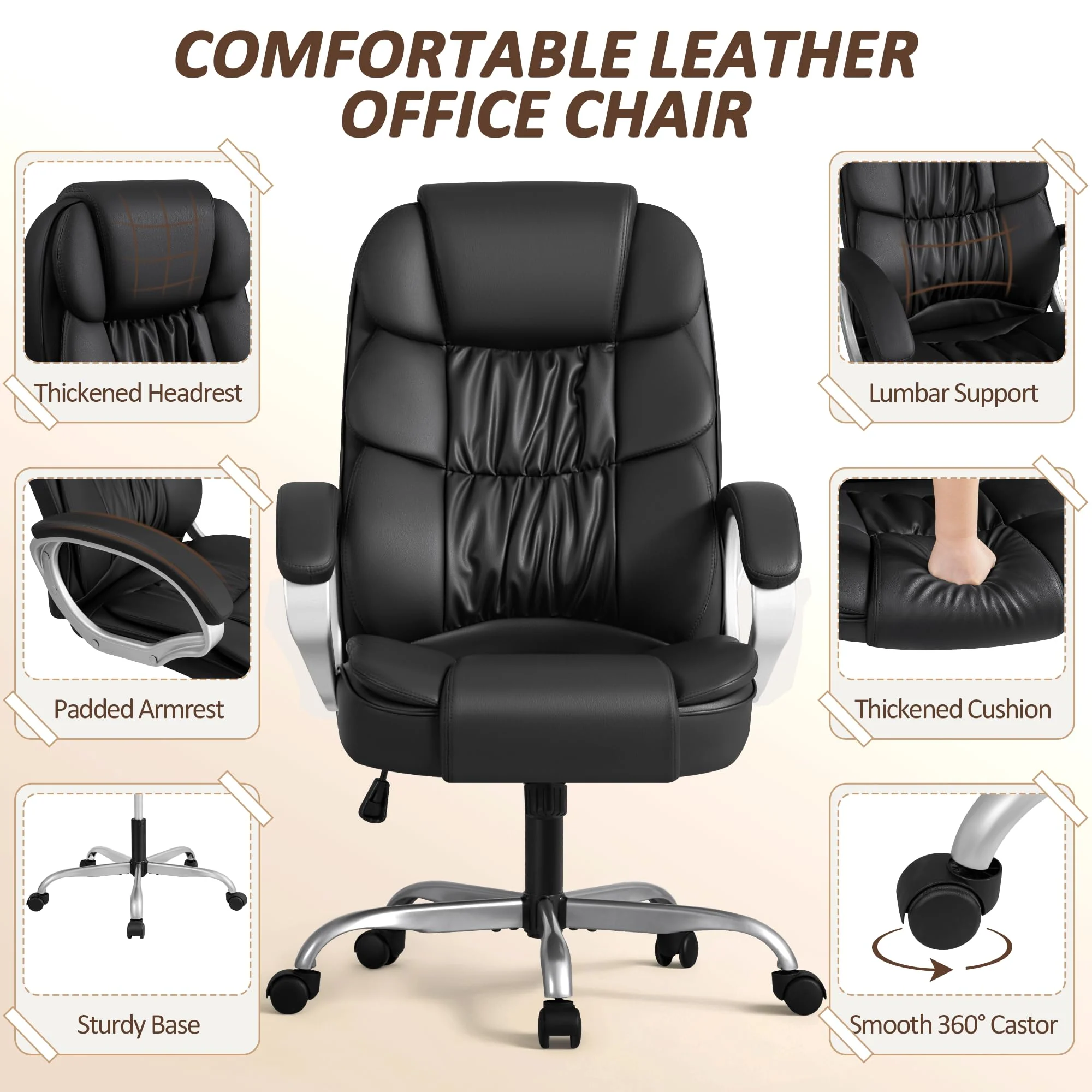 Homall High Back Ergonomic Desk Chair, PU Leather Adjustable Height Modern Executive Swivel Task Chair with Padded Armrests and Lumbar Support (Black) - Image 4