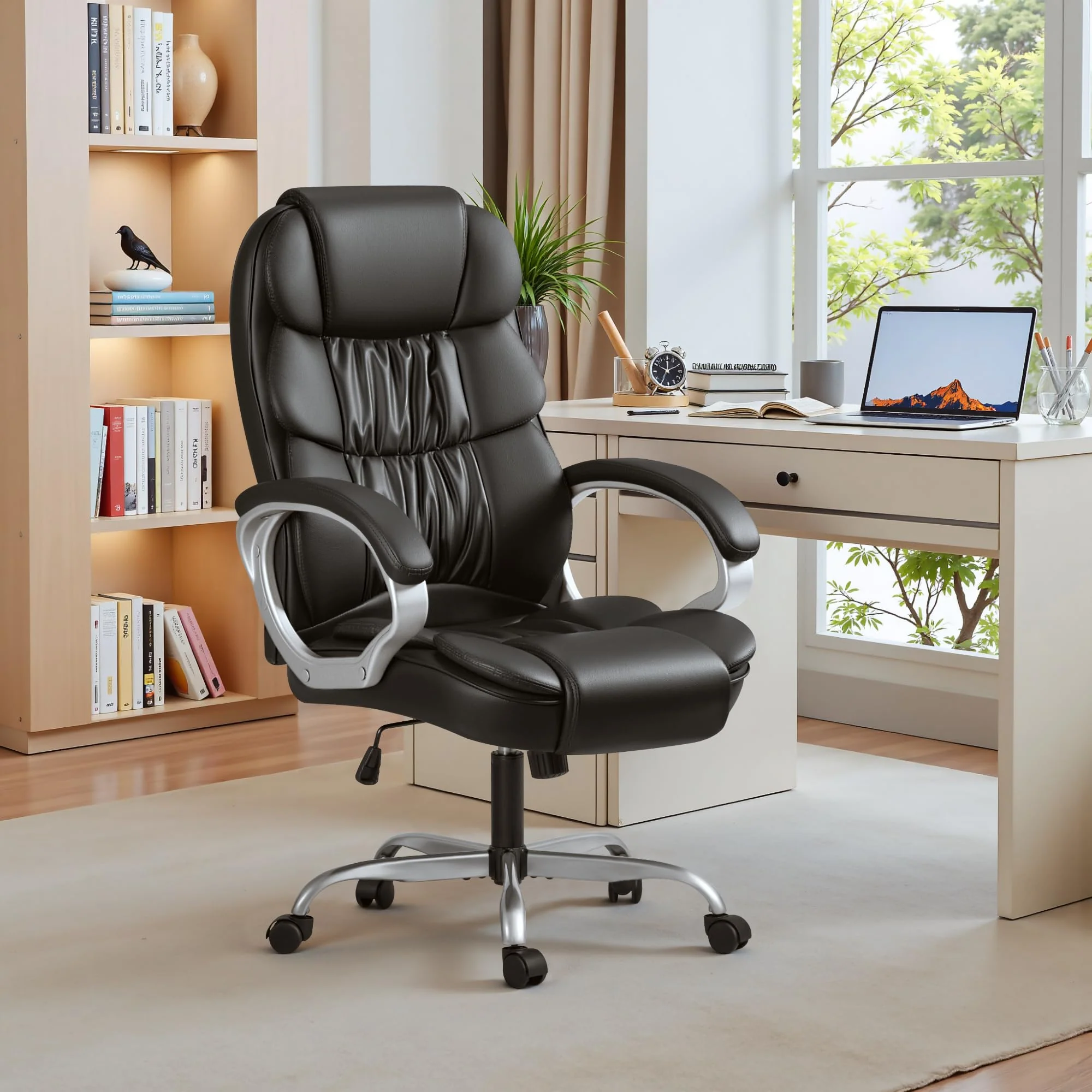 Homall High Back Ergonomic Desk Chair, PU Leather Adjustable Height Modern Executive Swivel Task Chair with Padded Armrests and Lumbar Support (Black) - Image 6