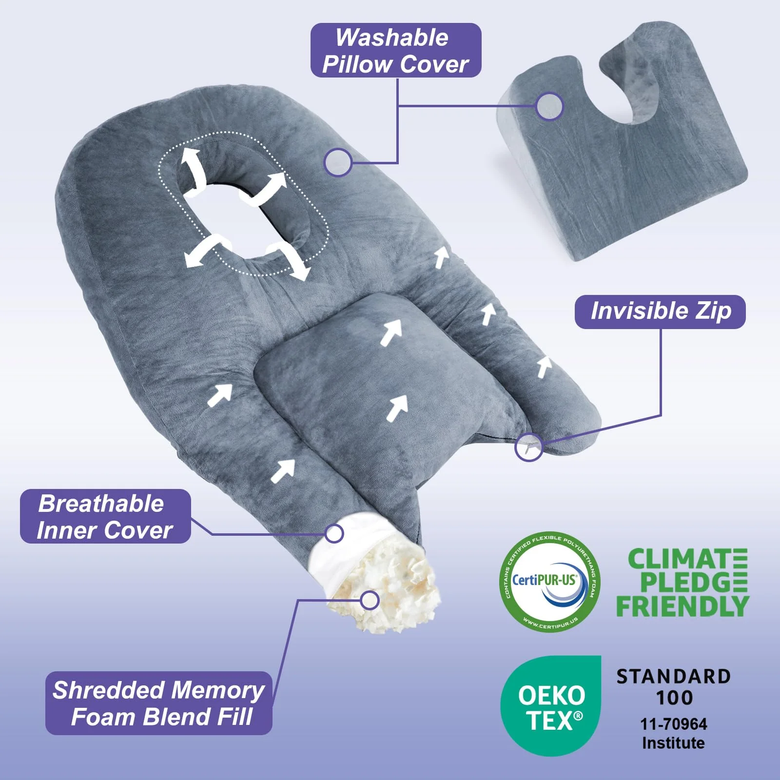 HOMCA Face Down Pillow After BBL or Eye Surgery - Home Massage Pillow Stomach Sleeping Face Down for Bed with CertiPUR-US Certified Memory Foam and Removable Cover - Image 6
