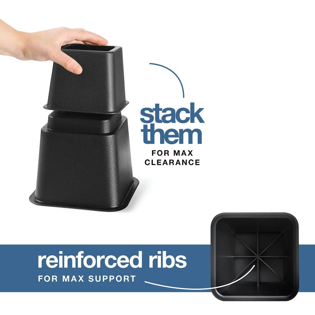 Home It Adjustable Bed Risers - Elevation in 3, 5 or 8 Inch - Heavy Duty Stackable Furniture Risers Supports 1,300 lbs - for Under-Bed Storage, College Dorms, Table and Couch, 4 Pack Bed Lifts Black - Image 2