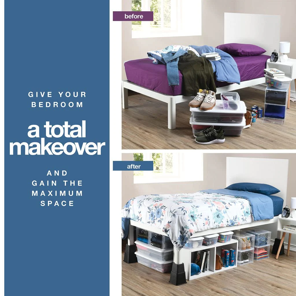 Home It Adjustable Bed Risers - Elevation in 3, 5 or 8 Inch - Heavy Duty Stackable Furniture Risers Supports 1,300 lbs - for Under-Bed Storage, College Dorms, Table and Couch, 4 Pack Bed Lifts Black - Image 4