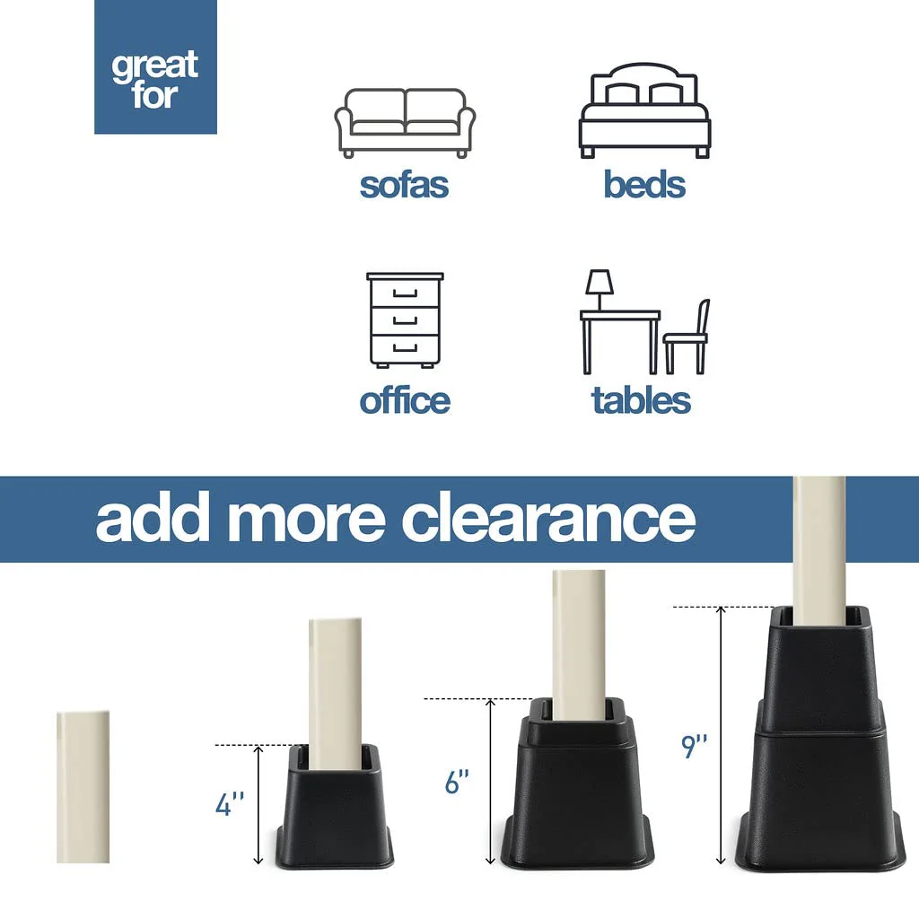 Home It Adjustable Bed Risers - Elevation in 3, 5 or 8 Inch - Heavy Duty Stackable Furniture Risers Supports 1,300 lbs - for Under-Bed Storage, College Dorms, Table and Couch, 4 Pack Bed Lifts Black - Image 5
