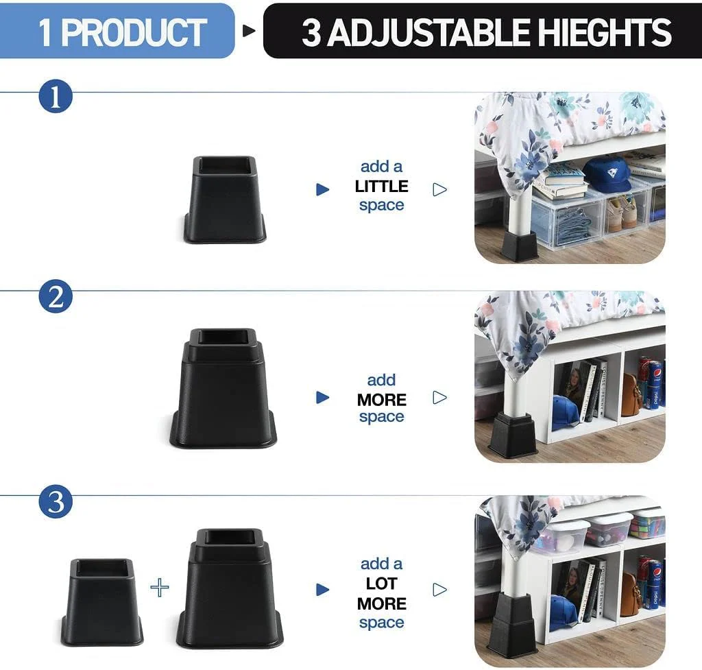 Home It Adjustable Bed Risers - Elevation in 3, 5 or 8 Inch - Heavy Duty Stackable Furniture Risers Supports 1,300 lbs - for Under-Bed Storage, College Dorms, Table and Couch, 4 Pack Bed Lifts Black - Image 7
