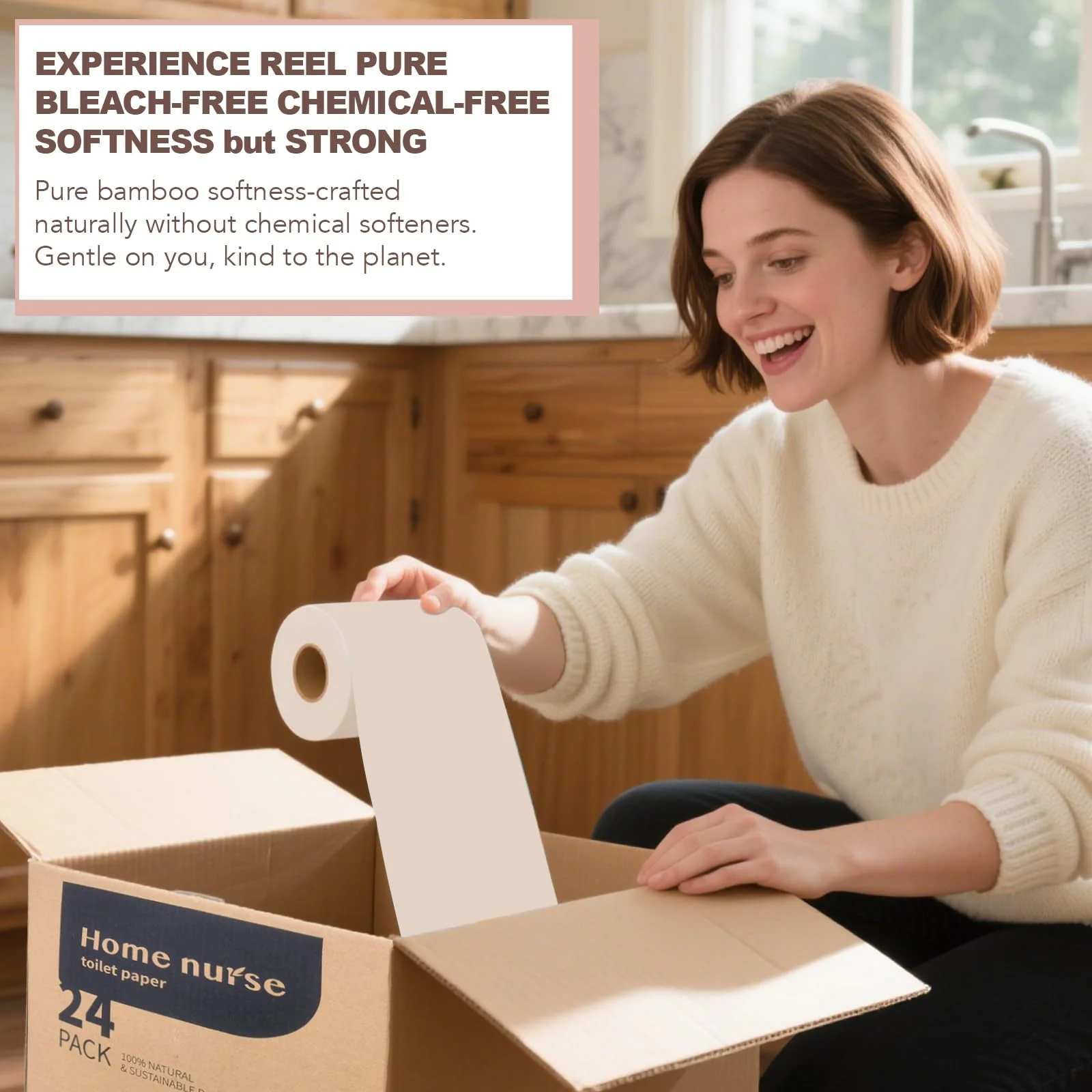 Home Nurse 4-Ply Bamboo Toilet Paper 24 Rolls, Unbleached Septic Safe Toilet Paper, No Lint Strong Absorbent, Chemical Free Eco Friendly Tree Free Bulk Toilet Paper - Image 3