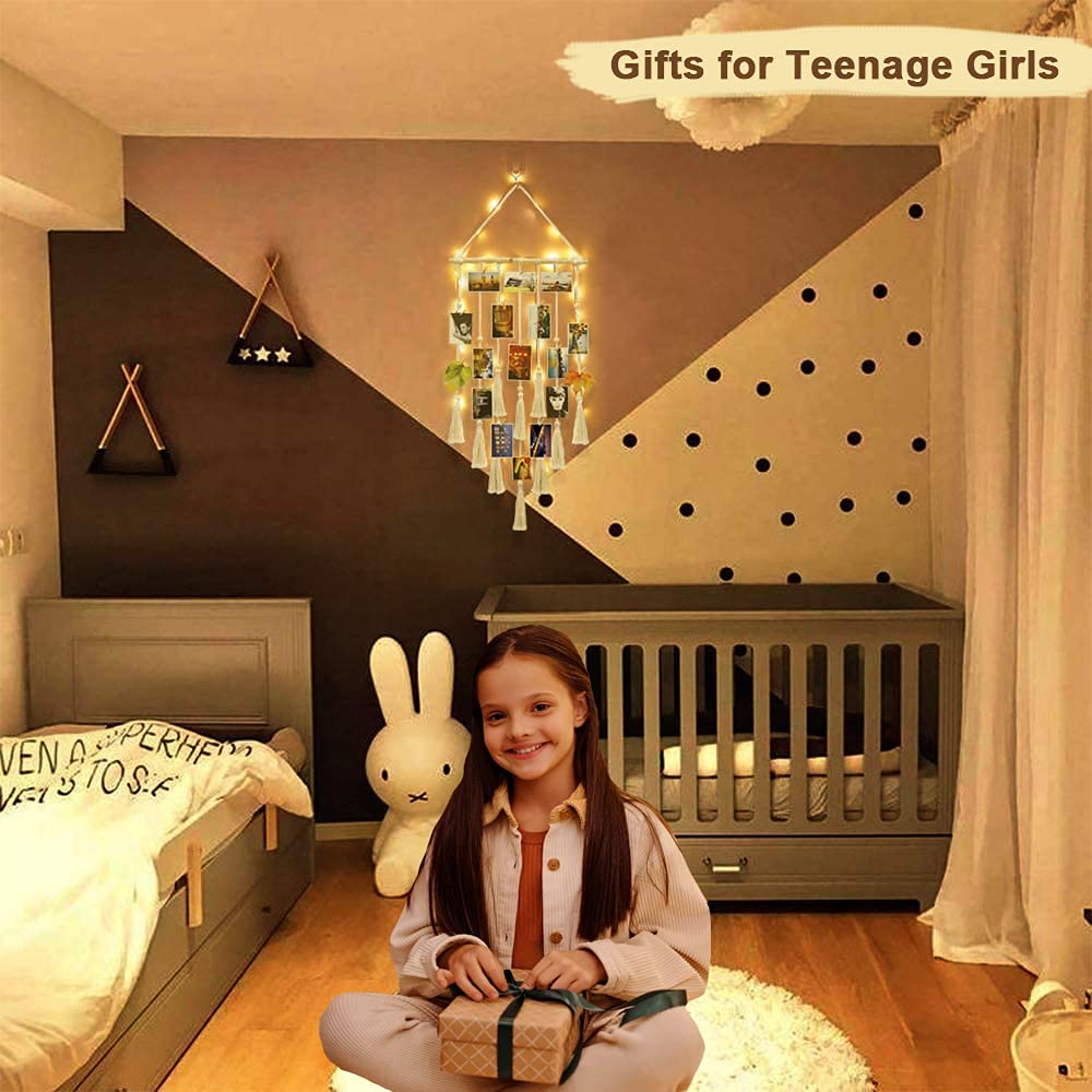 Homecor Hanging Photo Display Wall Decor, Macrame Wall Hanging Boho Room Bedroom Decor, Picture Frame Collage Board with Light 30 Clip, Christmas Teenage Teen Girl Gifts Ages 10 11 12 13 14 Years Old - Image 5
