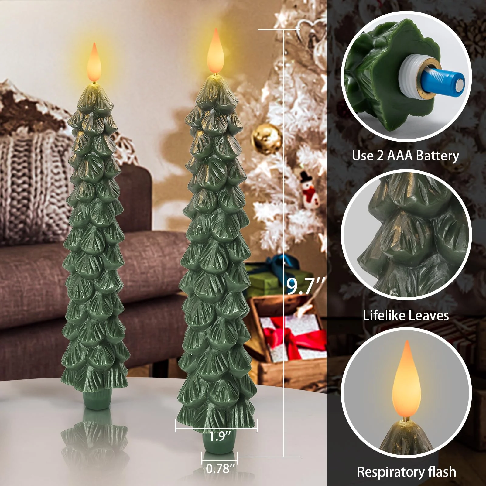 Homemory 3 PCS Flameless Taper Candles with 6-Hours Timer, 9.5 Inches Christmas Tree Candlesticks, Real Wax Battery Operated Window Candles with 3D Flickering Flame for Fireplace Christmas - Image 7