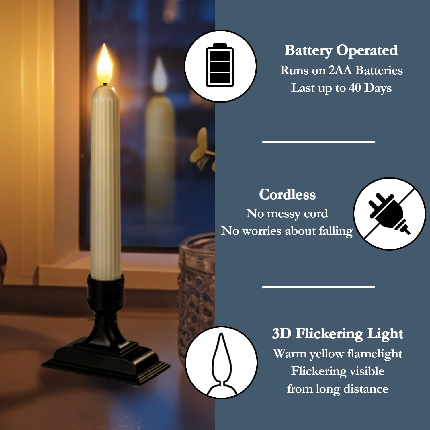 Homemory 6 Pcs Window Candles with Sensor Dusk to Dawn, Ivory Electric Window Candle Flickering, Christmas Fake Candles Battery Operated, Led Candlesticks with Black Holders for Xmas Holiday Decor - Image 5