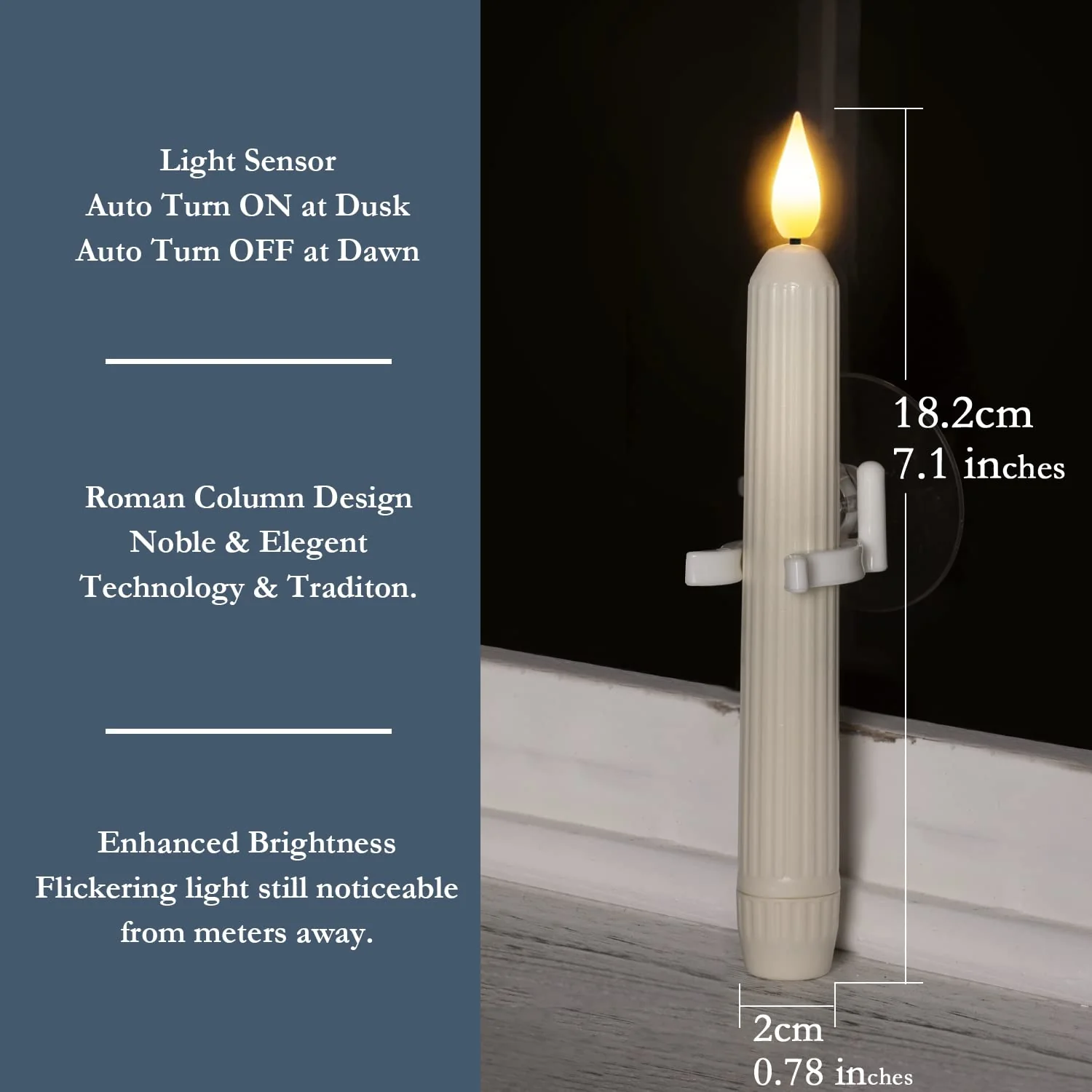 Homemory 6 Pcs Window Candles With Sensor Dusk to Dawn - Ivory Stripped Candlesticks With Suction Cups, Roman Column Battery Operated Flameless LED Taper for Christmas - Image 5