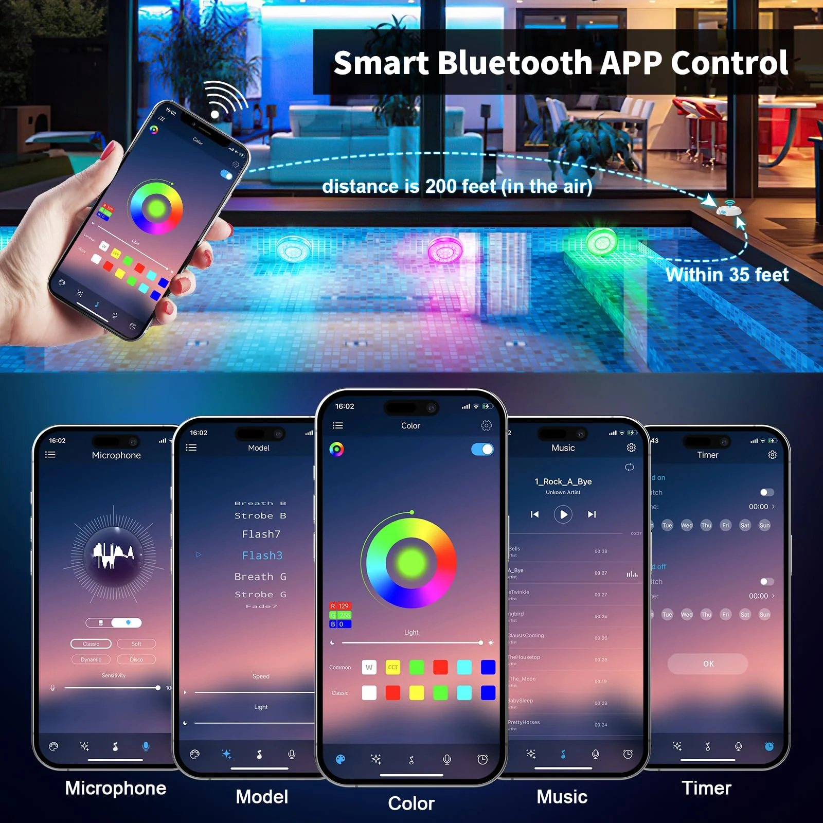 Homly Rechargeable Submersible Pool Lights with Wireless APP Control, Waterproof Underwater Smart LED Lights Controlled Multiple Lighting Modes, 4000mAh Magnets Light for Multi Scene Pool Decoration - Image 5