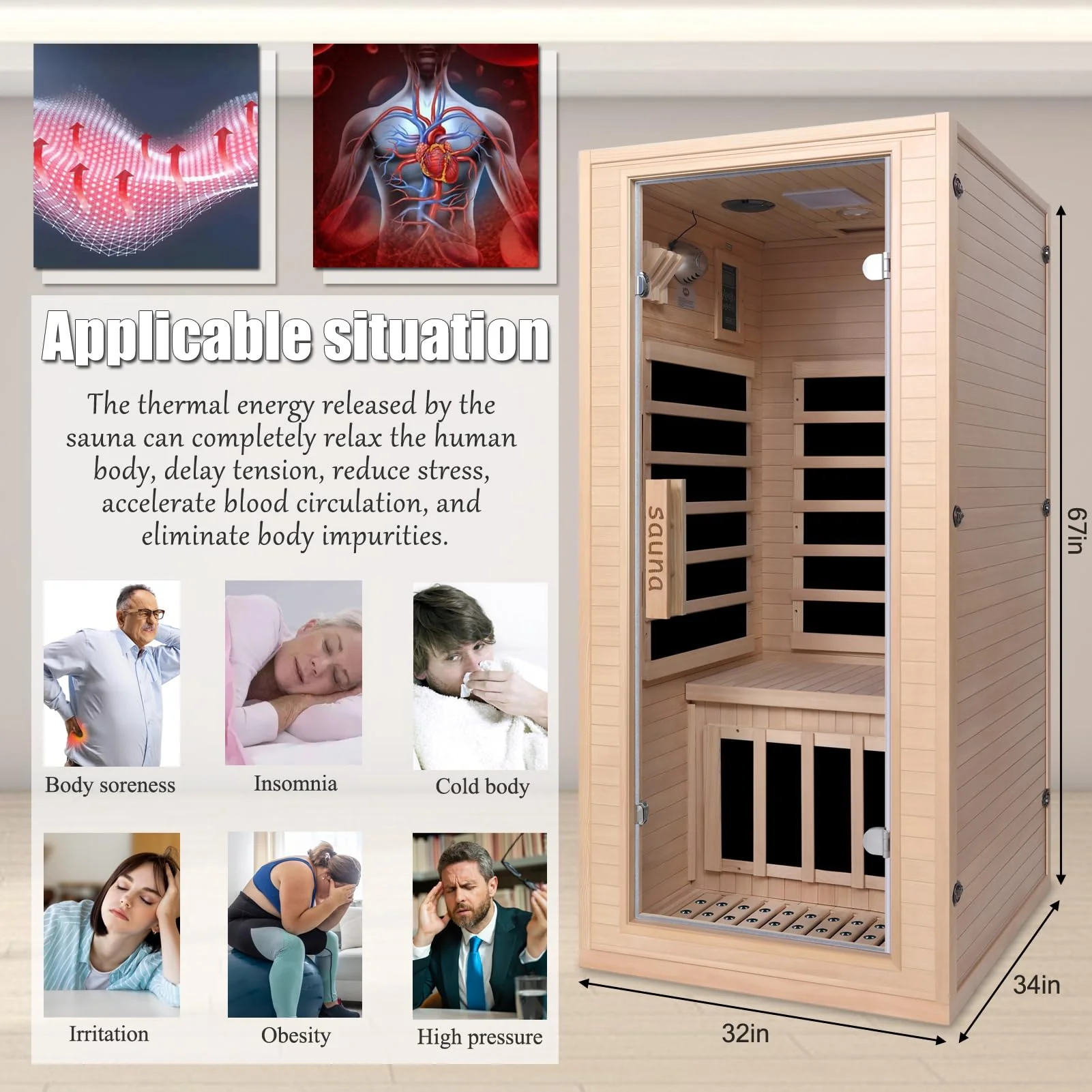 Homsido Infrared Home Sauna Room 1 Person Hemlock Wooden Indoor Dry Sauna,Low EMF 1200W/110V Heaters Panels,LCD Control Panel,10 Minutes Pre-Warm up,Time and Temp Pre-Set,1-Year Aftersale - Image 3
