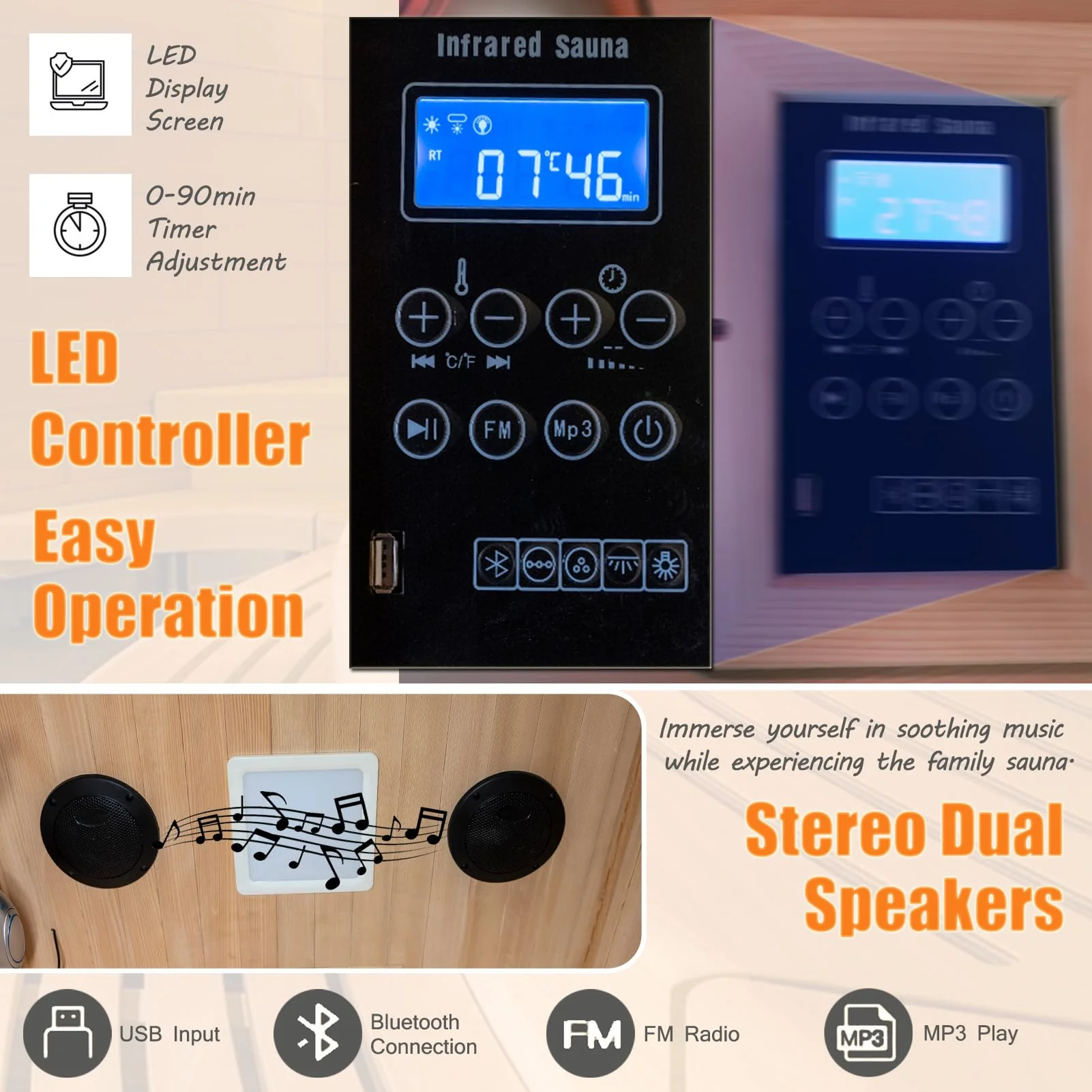 Homsido Infrared Home Sauna Room 1 Person Hemlock Wooden Indoor Dry Sauna,Low EMF 1200W/110V Heaters Panels,LCD Control Panel,10 Minutes Pre-Warm up,Time and Temp Pre-Set,1-Year Aftersale - Image 4