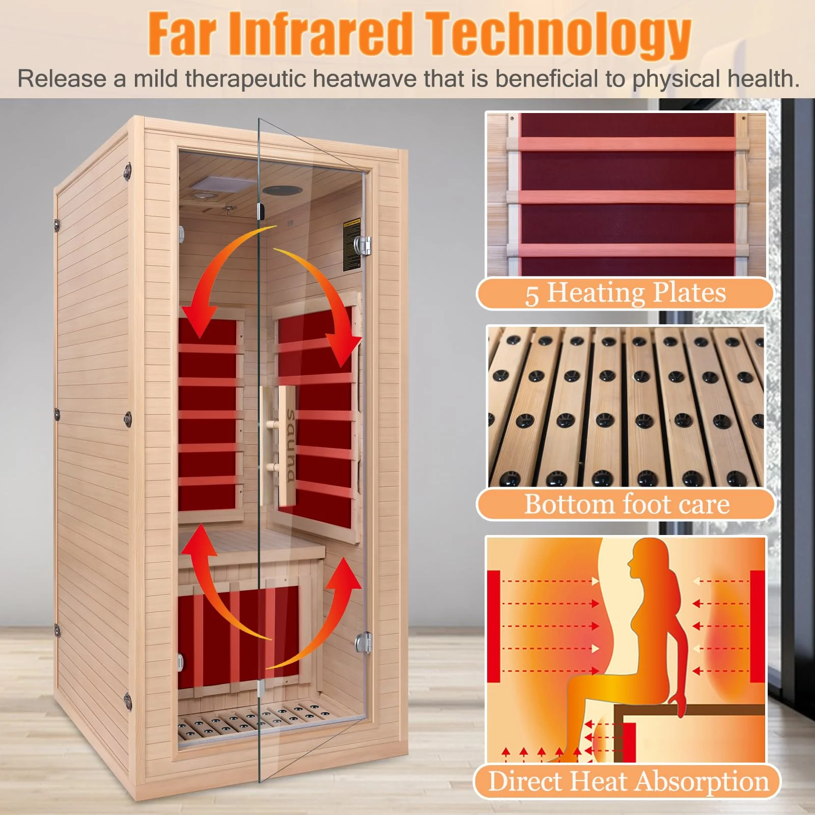 Homsido Infrared Home Sauna Room 1 Person Hemlock Wooden Indoor Dry Sauna,Low EMF 1200W/110V Heaters Panels,LCD Control Panel,10 Minutes Pre-Warm up,Time and Temp Pre-Set,1-Year Aftersale - Image 6