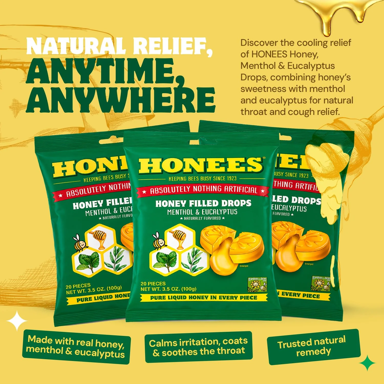 Honees Filled Menthol Cough Drops, Honey, Menthol & Eucalyptus Cough Drops- Natural Sore Throat Relief - Nothing Artificial -Throat Lozenges, Non-GMO (5 Pack - 100 Drops) - Image 2